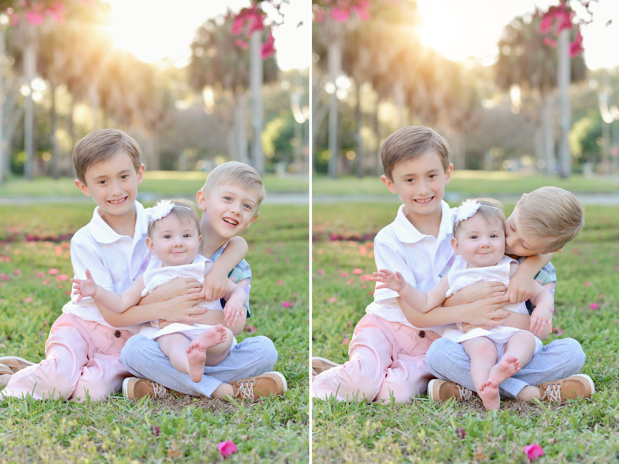 A family of five with 2 boys and a baby girl being photographed in a park with pink flowers and a white pergola in St Petersburg Florida.