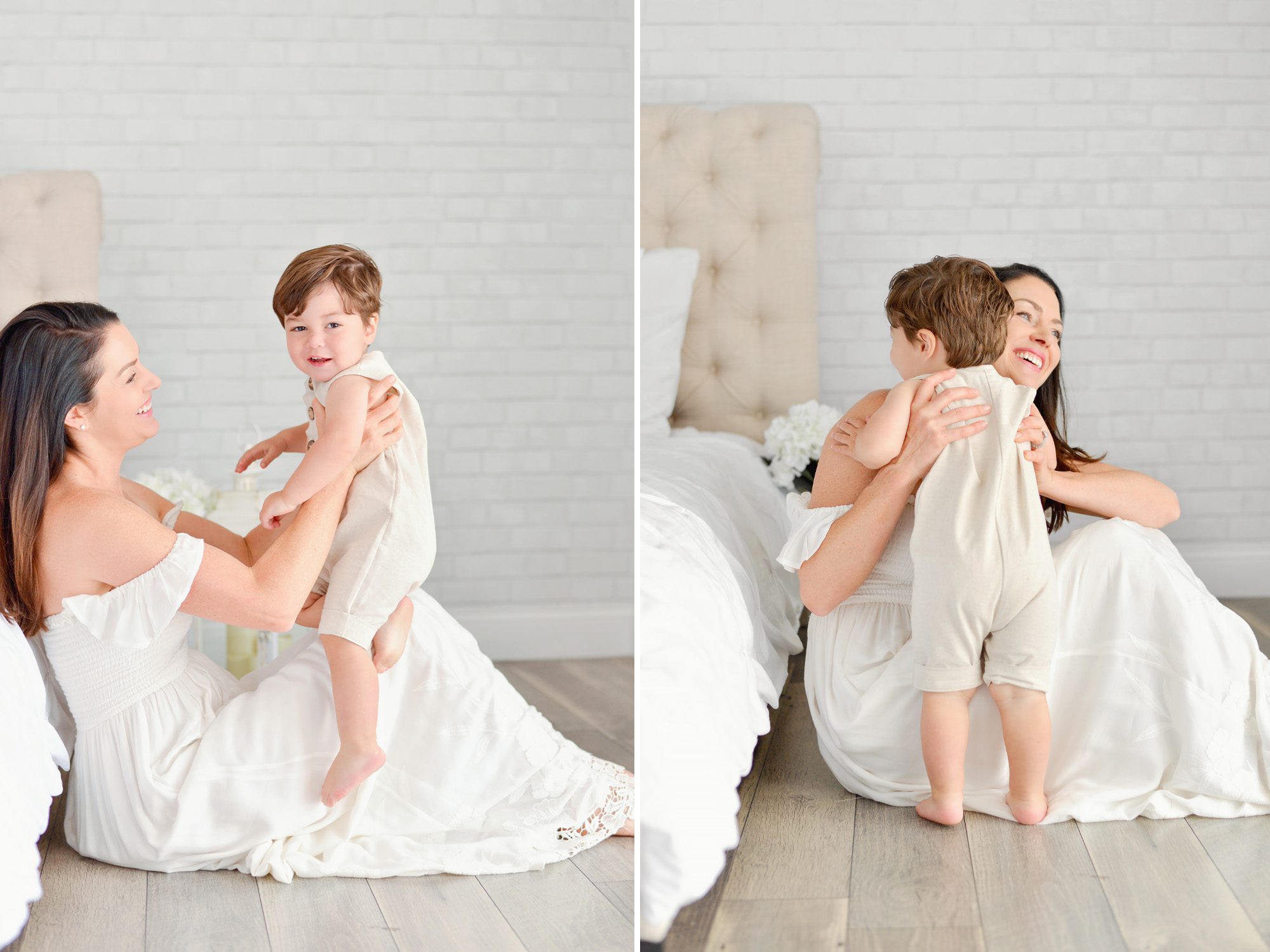 A brunette mother and baby boy portrait session in a bright white studio having fun together.