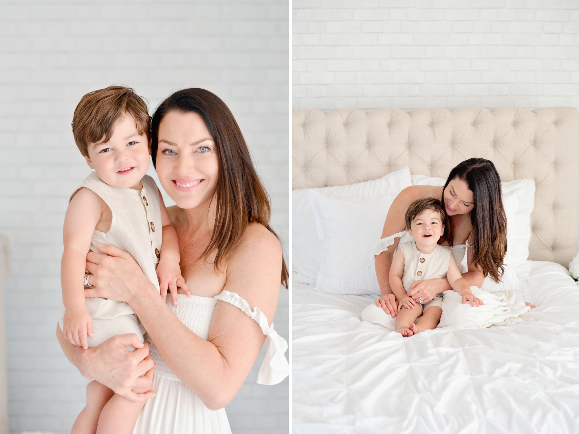 A brunette mother and baby boy portrait session in a bright white studio having fun together.