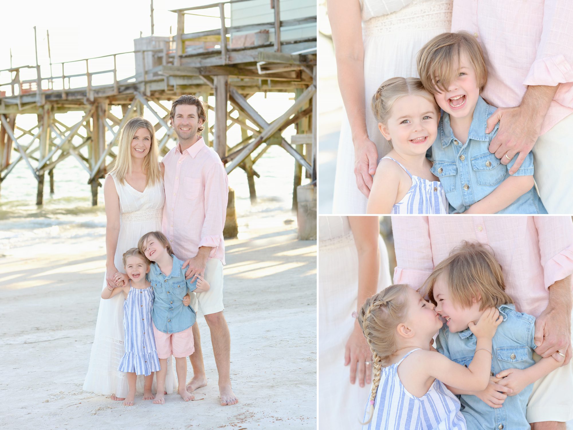 Family of 4 at Redington Shores Beach, FL getting fun family beach portraits in front of a rustic wooden pier.