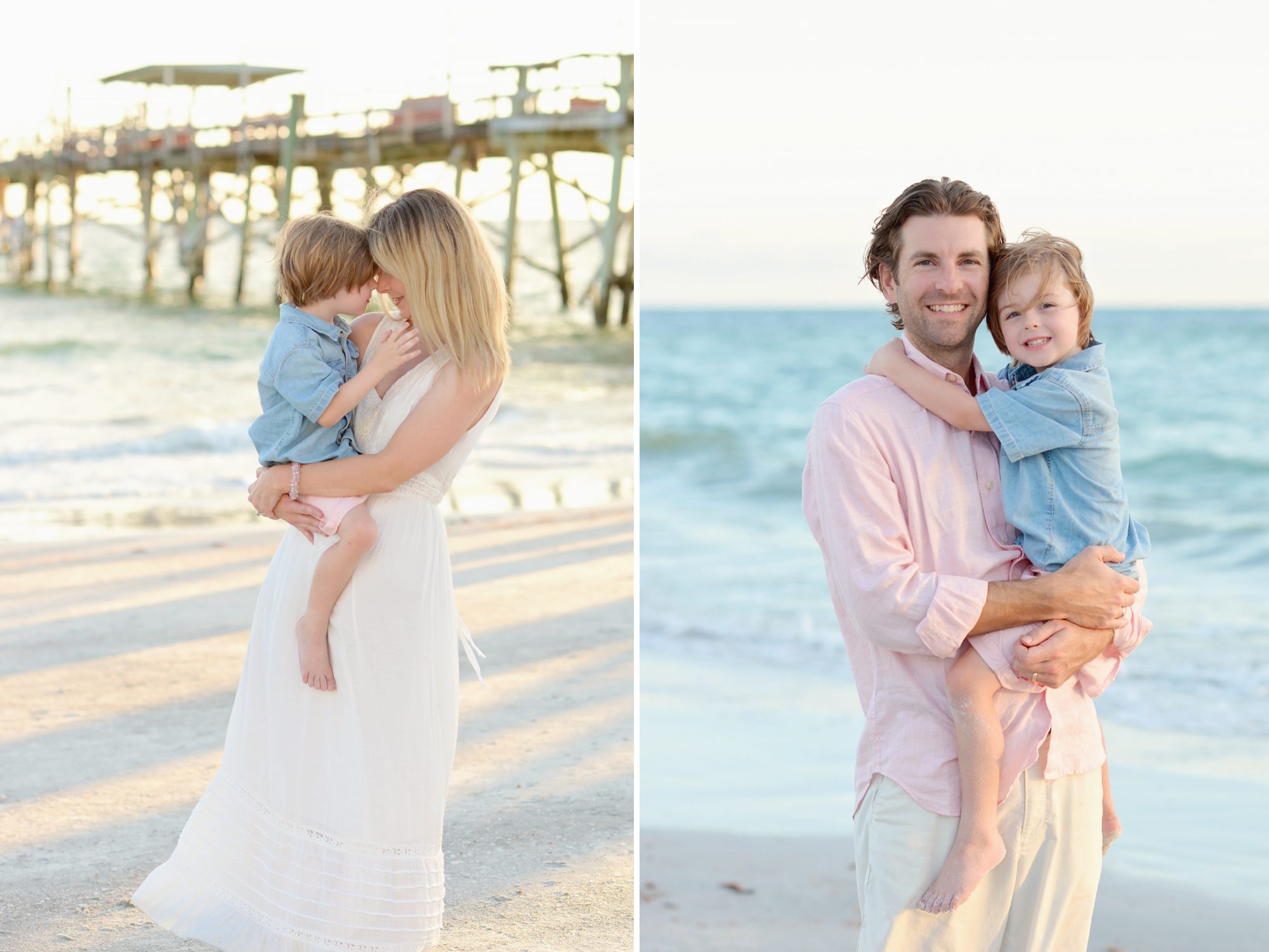 Family of 4 at Redington Shores Beach, FL getting fun family beach portraits in front of a rustic wooden pier.