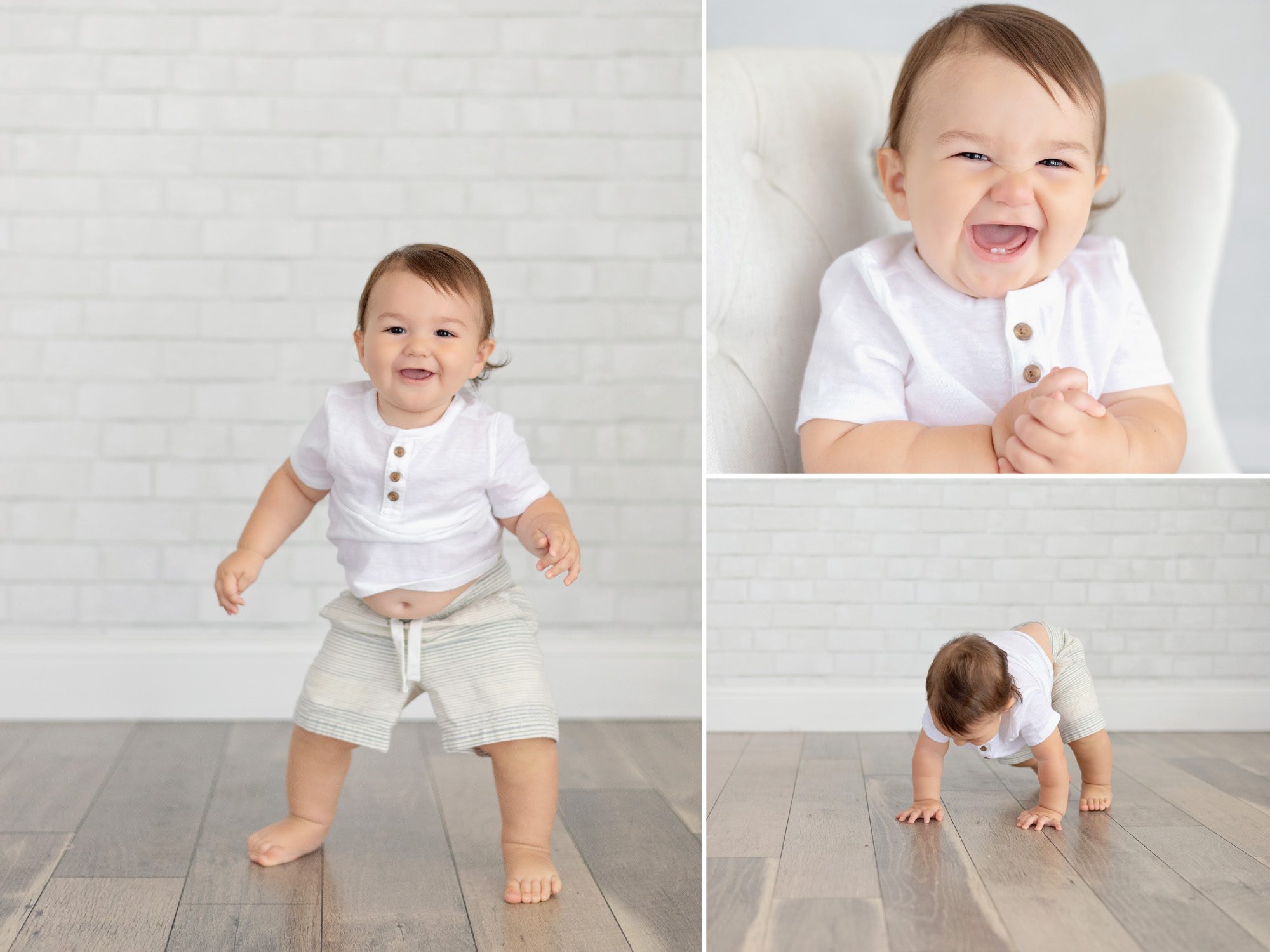 A mom and 1 year old baby boy celebrate his birthday in a bright white studio with snuggly photos and a cake smash.
