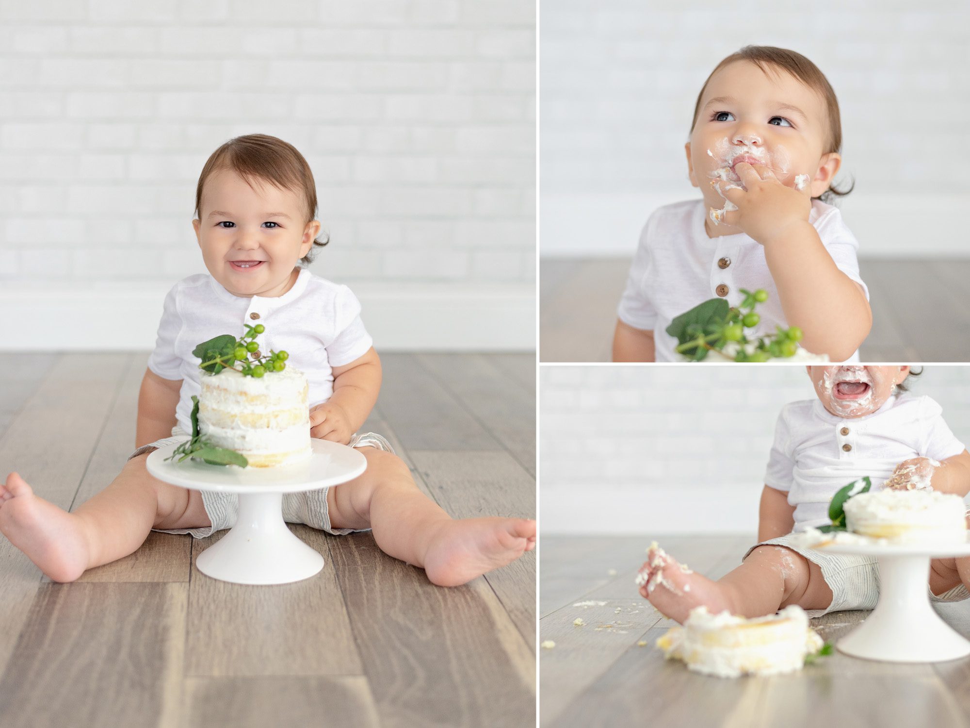 A mom and 1 year old baby boy celebrate his birthday in a bright white studio with snuggly photos and a cake smash.