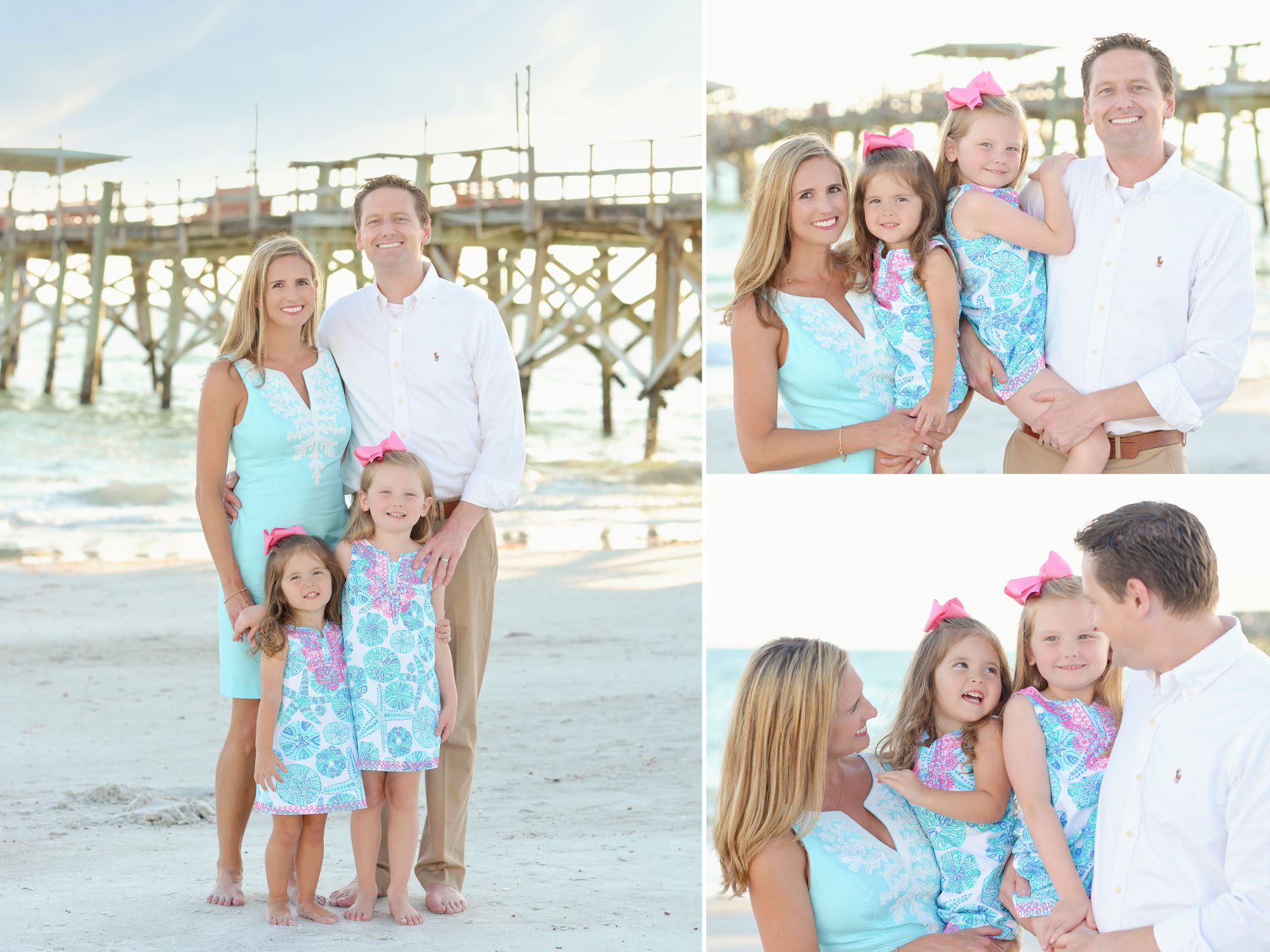 Alt text: Family of four comprising mom, dad & two little girls getting family beach photos done at sunset in Redington Shores, Florida.