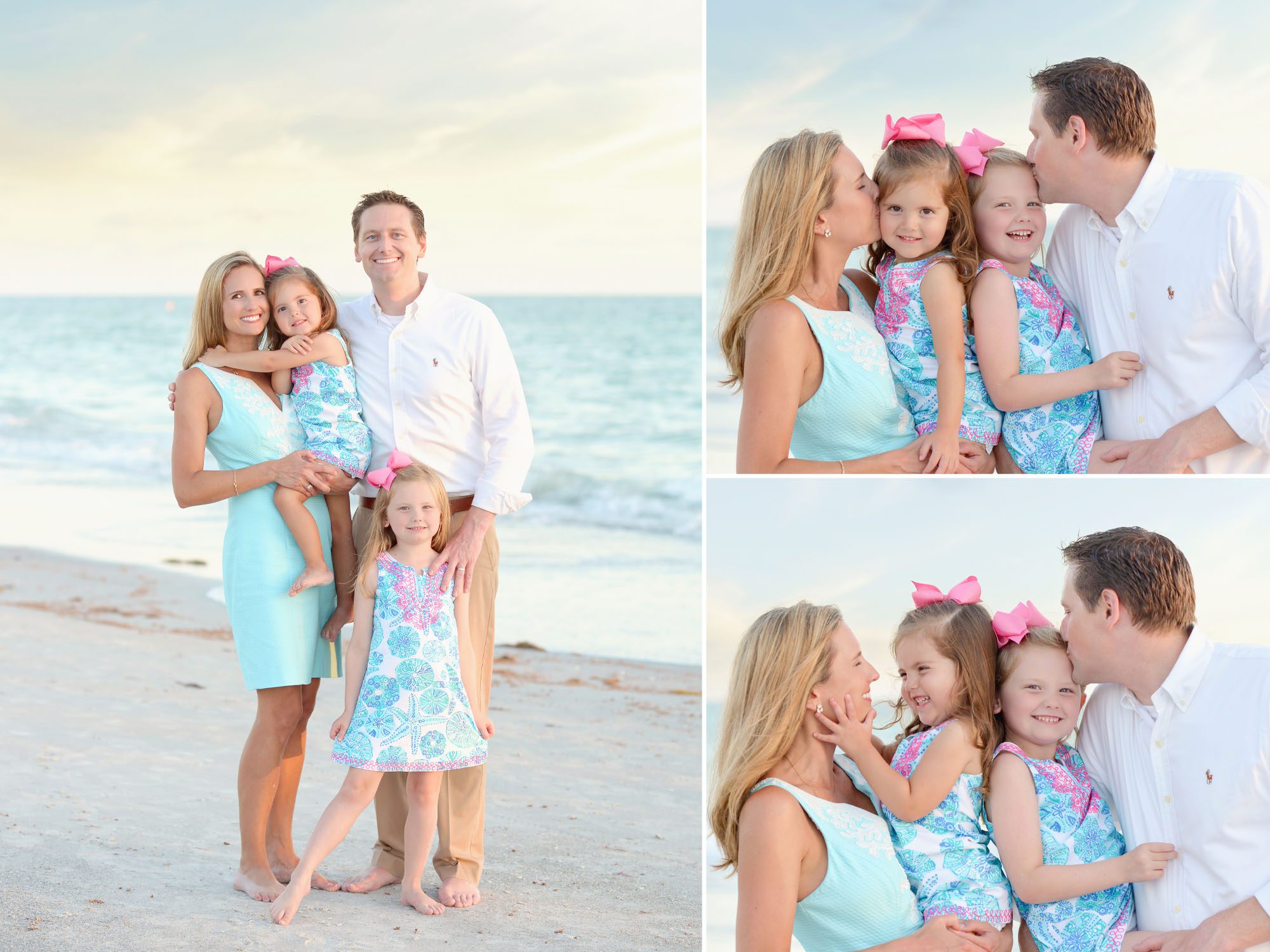Alt text: Family of four comprising mom, dad & two little girls getting family beach photos done at sunset in Redington Shores, Florida.