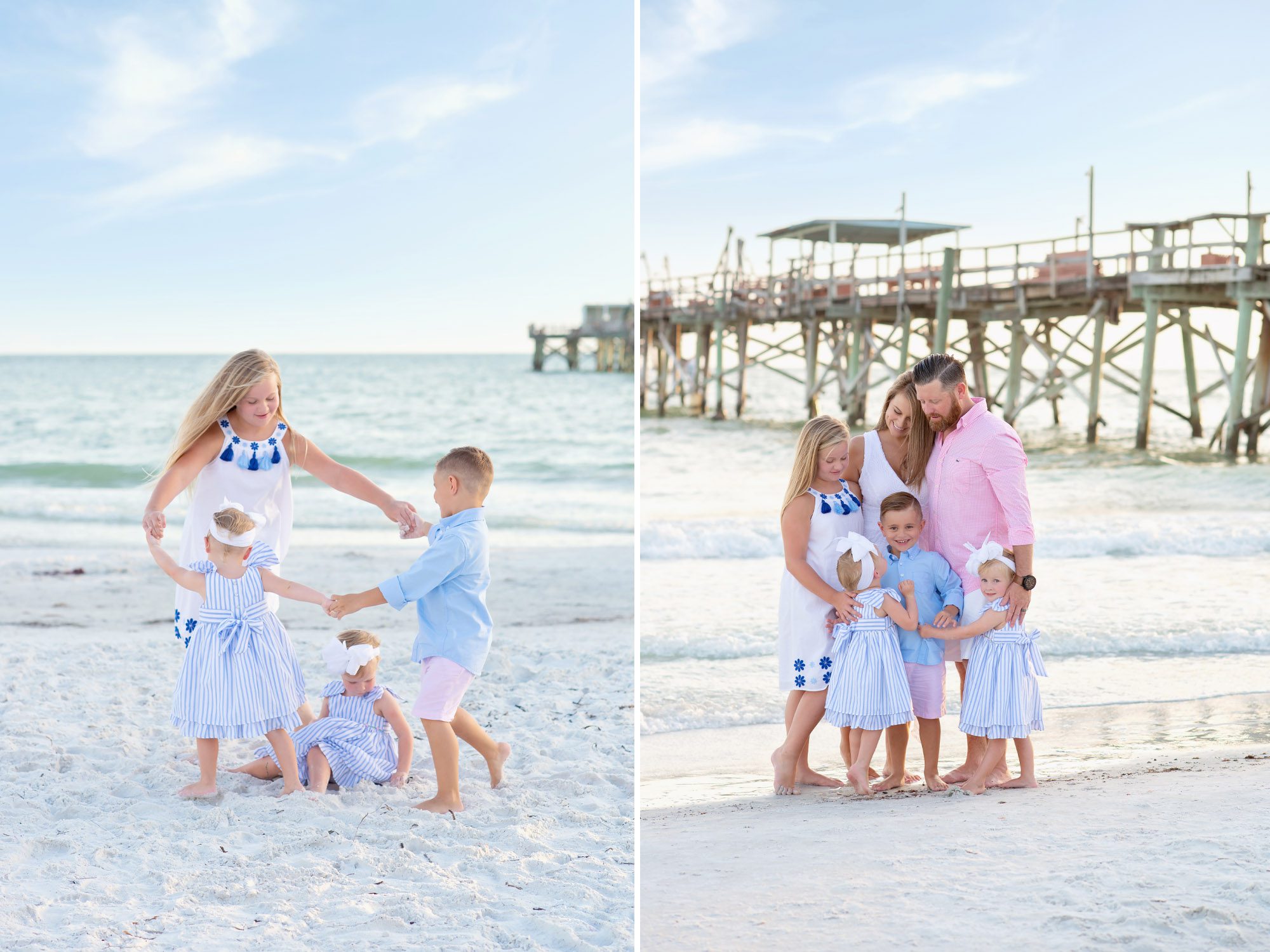Young family of six plays on beach getting family portraits done at sunset in Redington Shores, Florida.