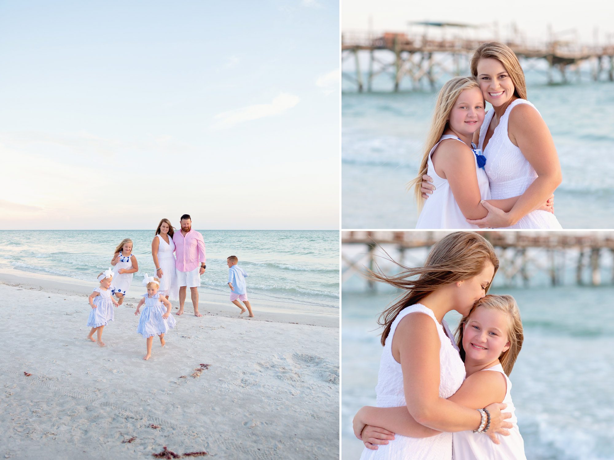 Young family of six plays on beach getting family portraits done at sunset in Redington Shores, Florida.