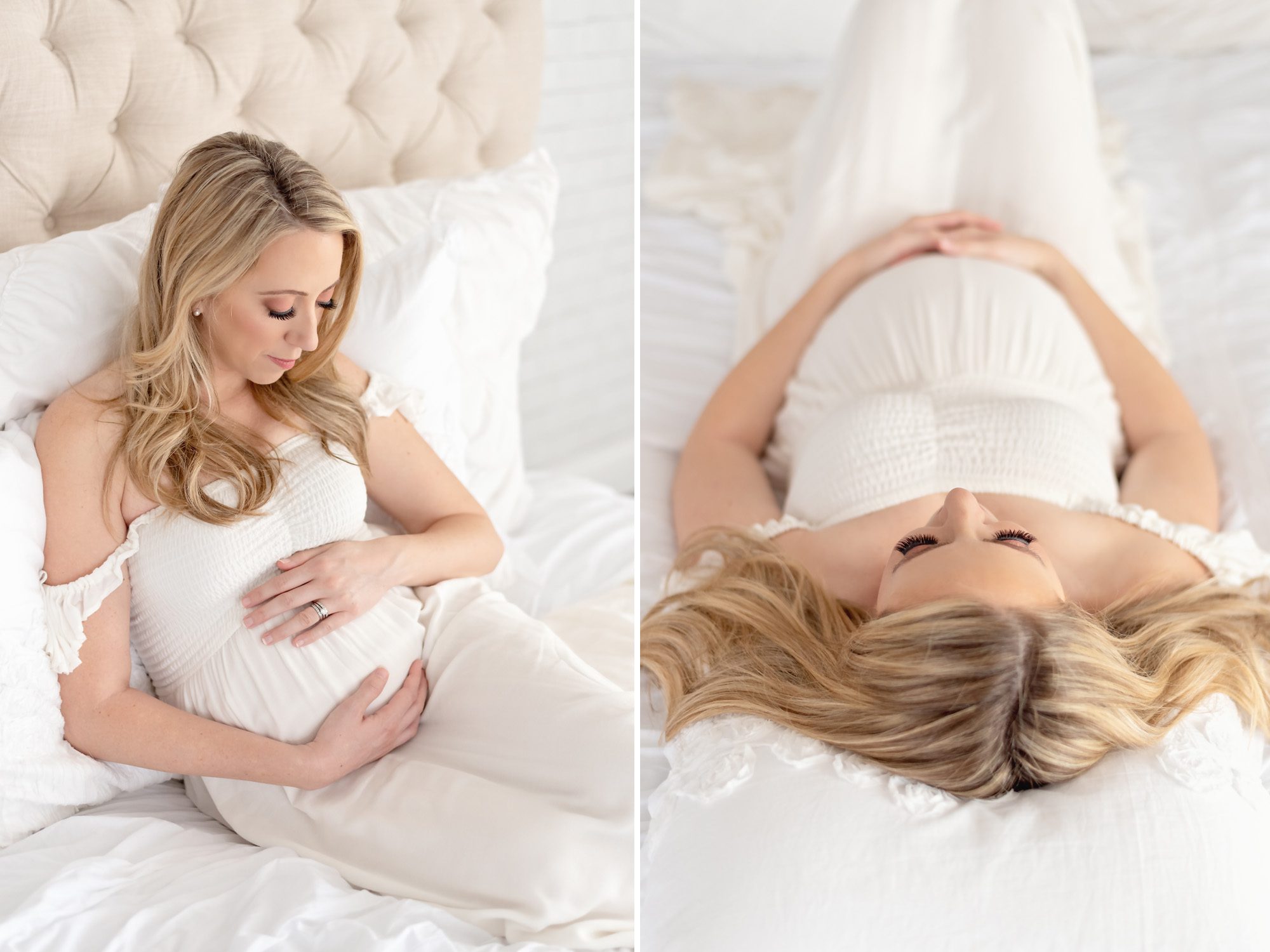 A young couple in a bright white studio getting maternity portraits done for their first child.