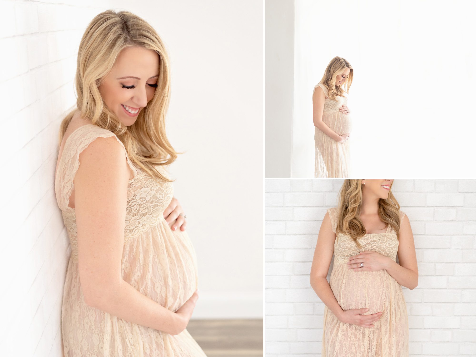 A young couple in a bright white studio getting maternity portraits done for their first child.