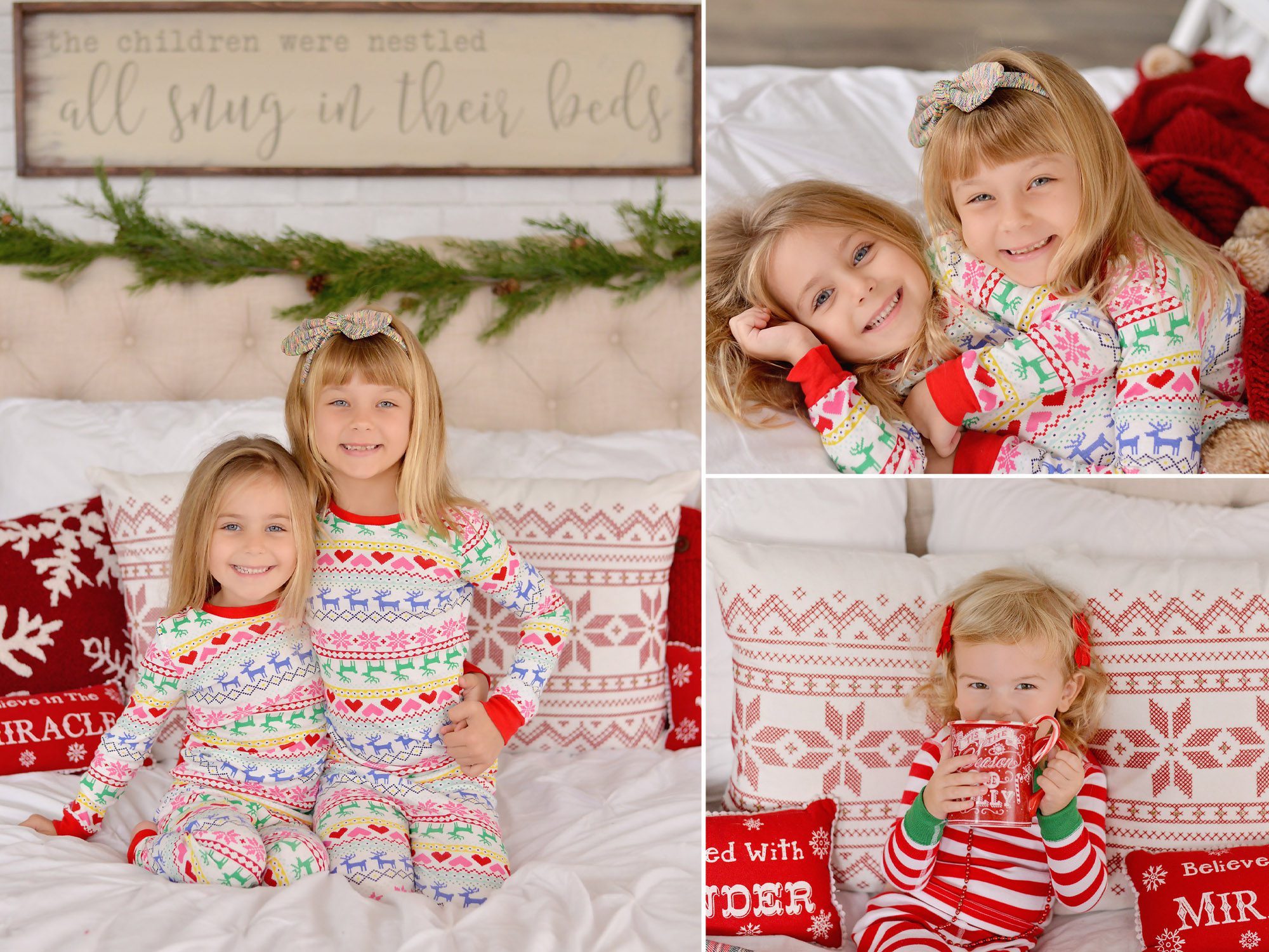 Happy kids dressed up in Christmas pajamas getting photographed in a studio with christmas and holiday decor.