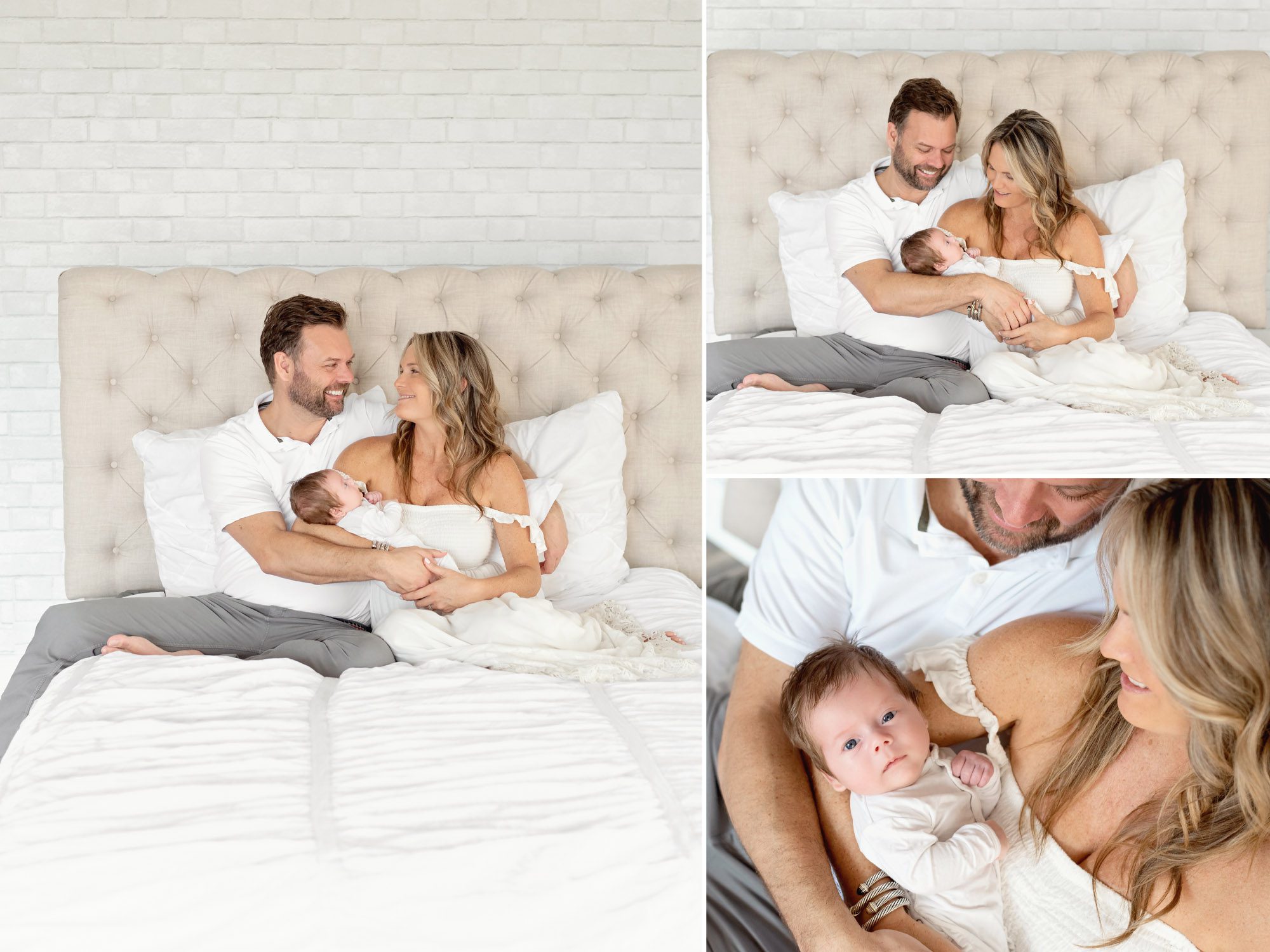 New family of 3 gets newborn portraits done in bright white studio space in Tampa, FL