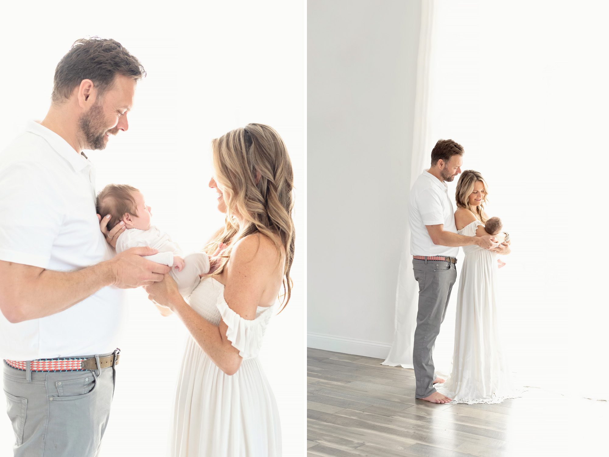 New family of 3 gets newborn portraits done in bright white studio space in Tampa, FL