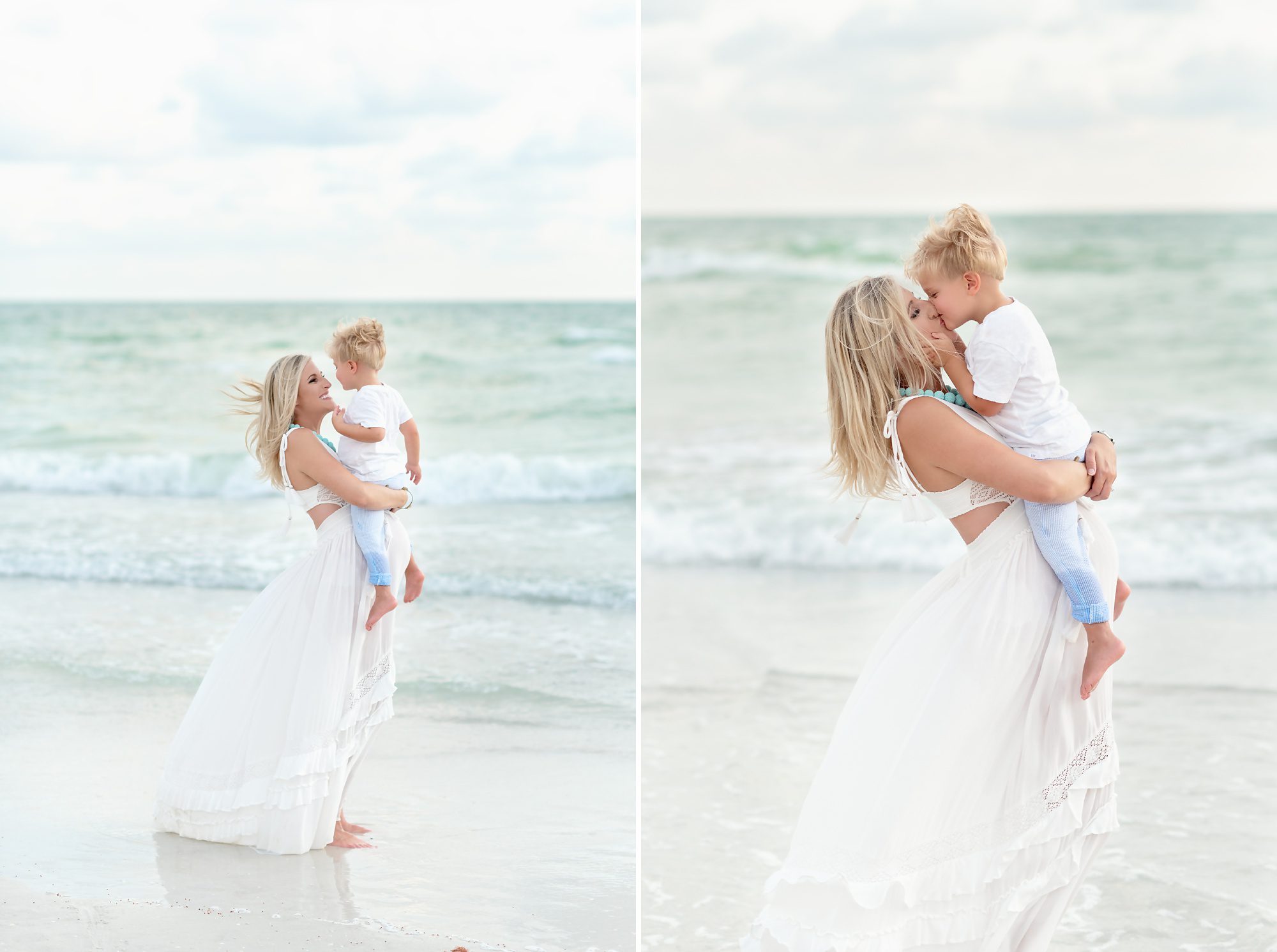A beautiful blonde family of 3 gets family & maternity photos done on a beach in Redington Shores, FL at sunset time.