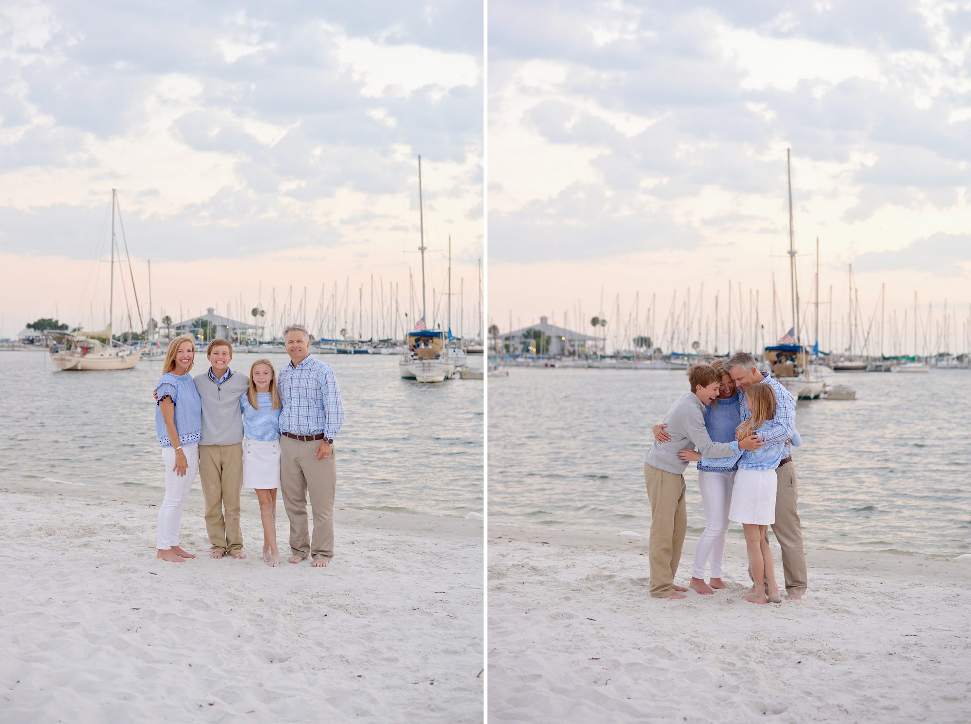 An adorable family of 4 with 2 kids in the early teen years get fun family portraits at a small beach in Tampa, FL with sailboats in the background.