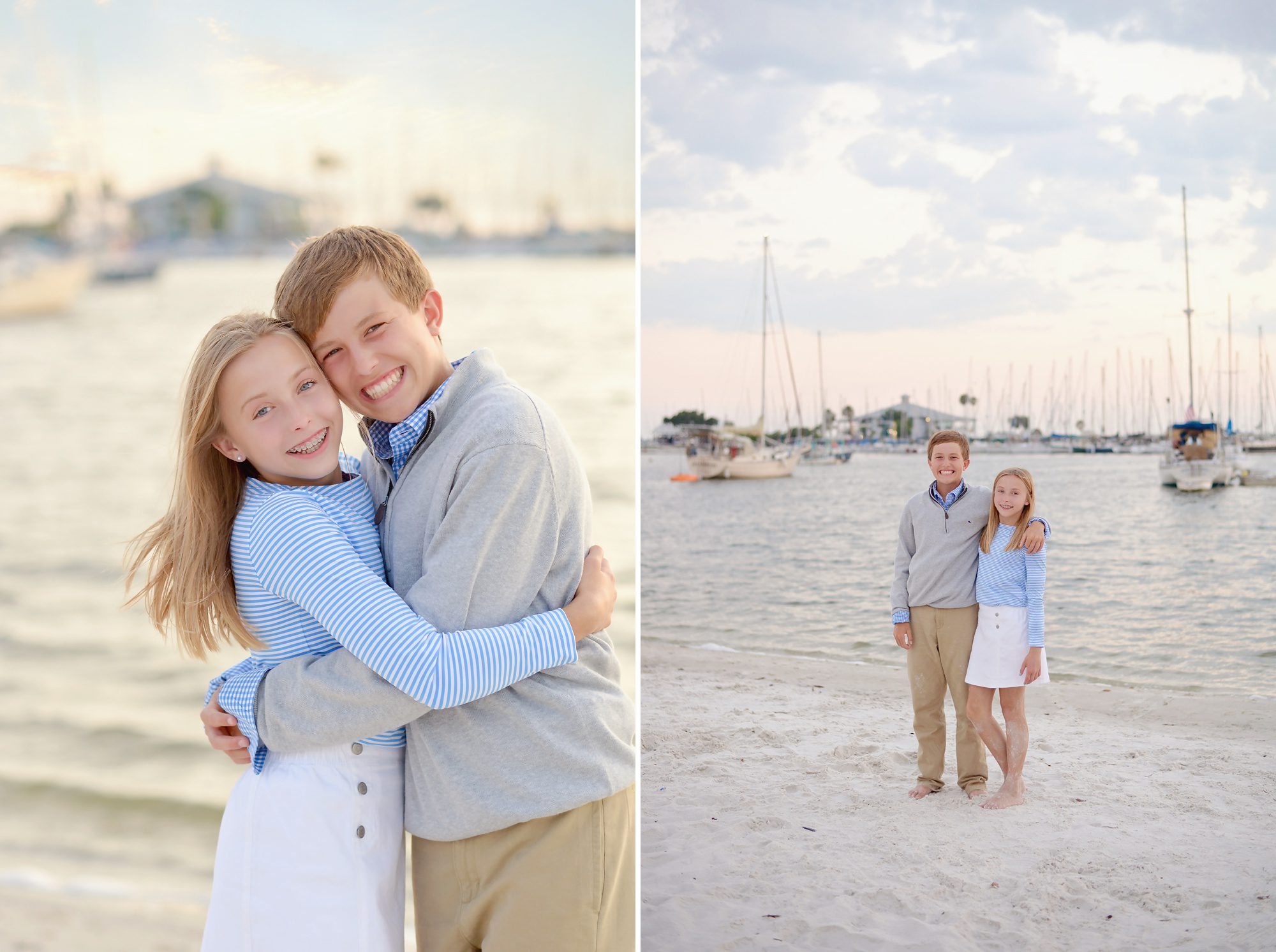 An adorable family of 4 with 2 kids in the early teen years get fun family portraits at a small beach in Tampa, FL with sailboats in the background.
