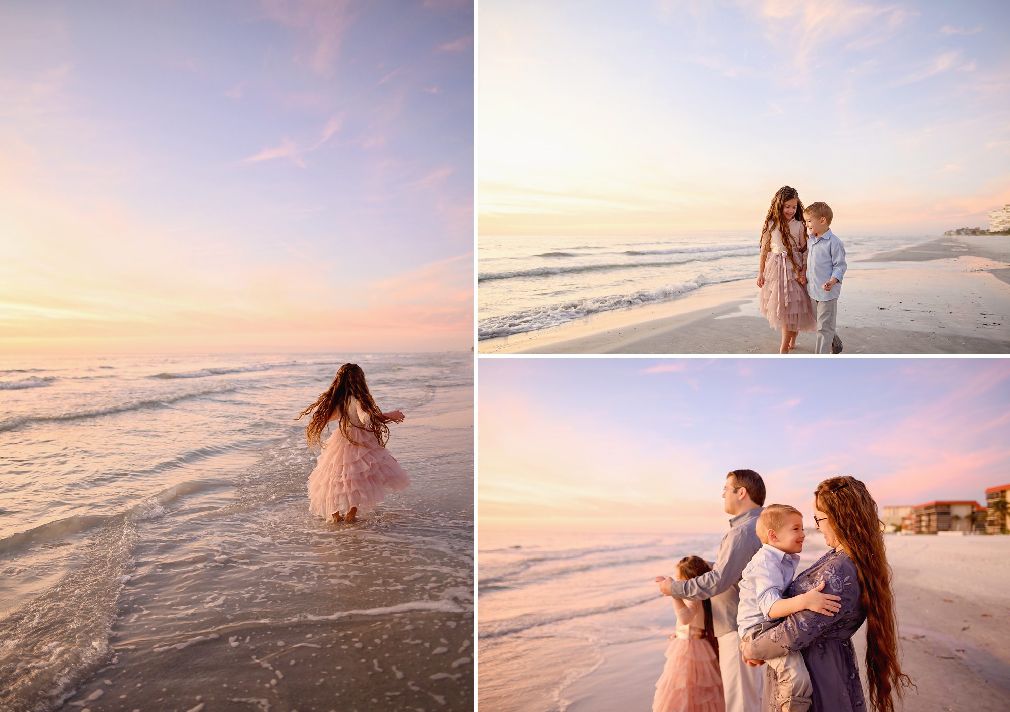 Family of four on vacation in Florida have beach portraits done at sunset.