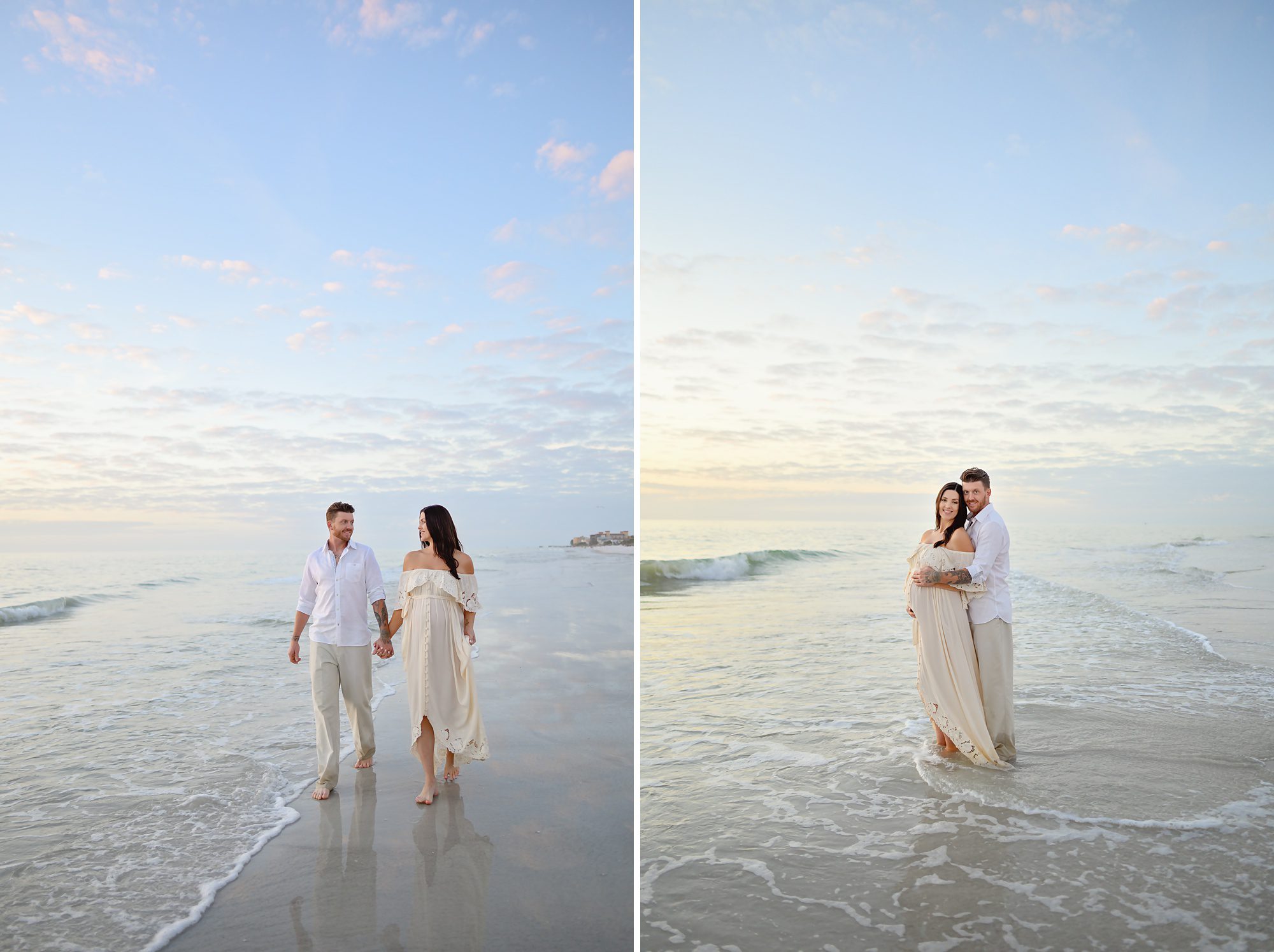 A young couple expecting their first baby get maternity portraits done at the beach at sunset.