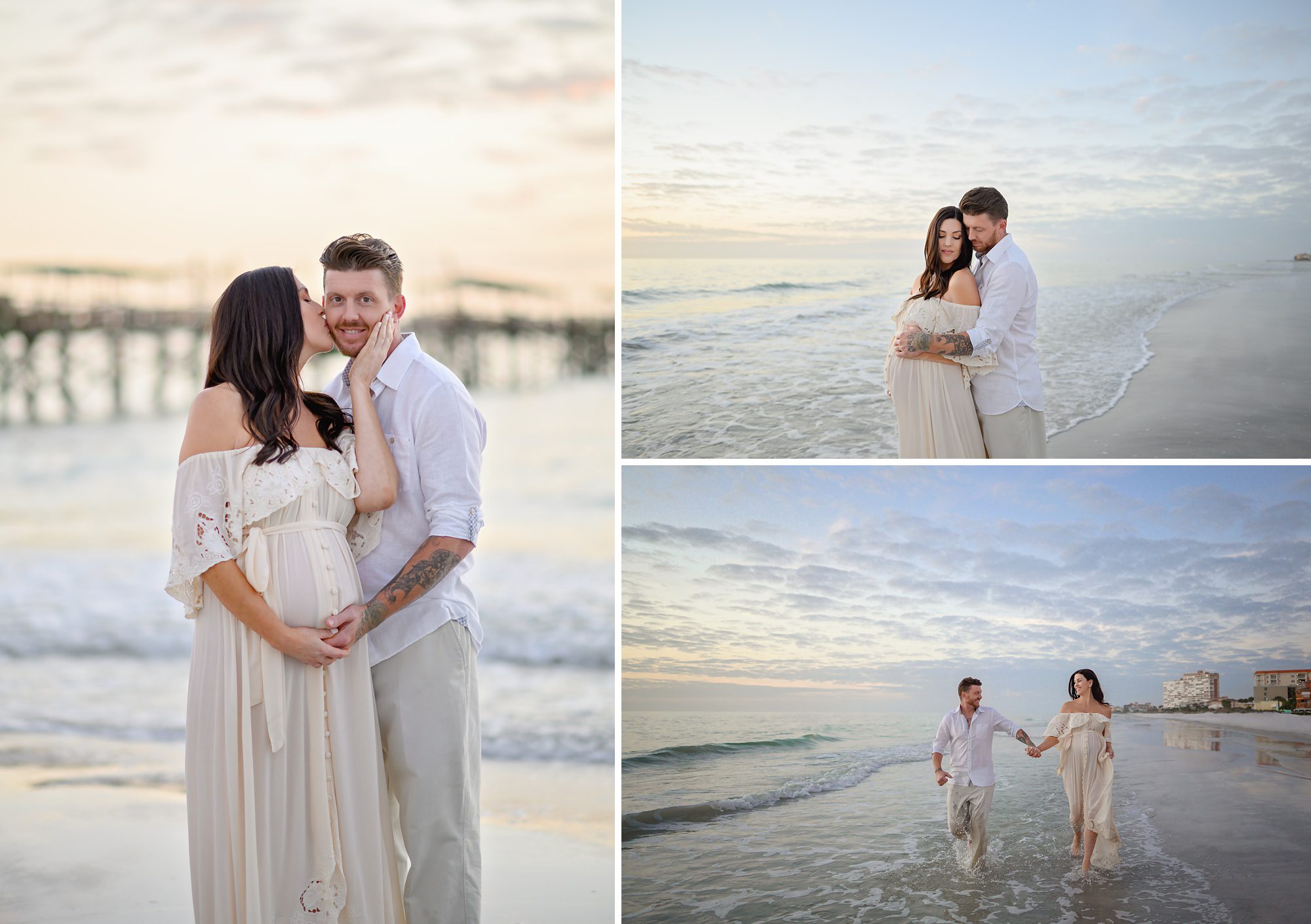 A young couple expecting their first baby get maternity portraits done at the beach at sunset.