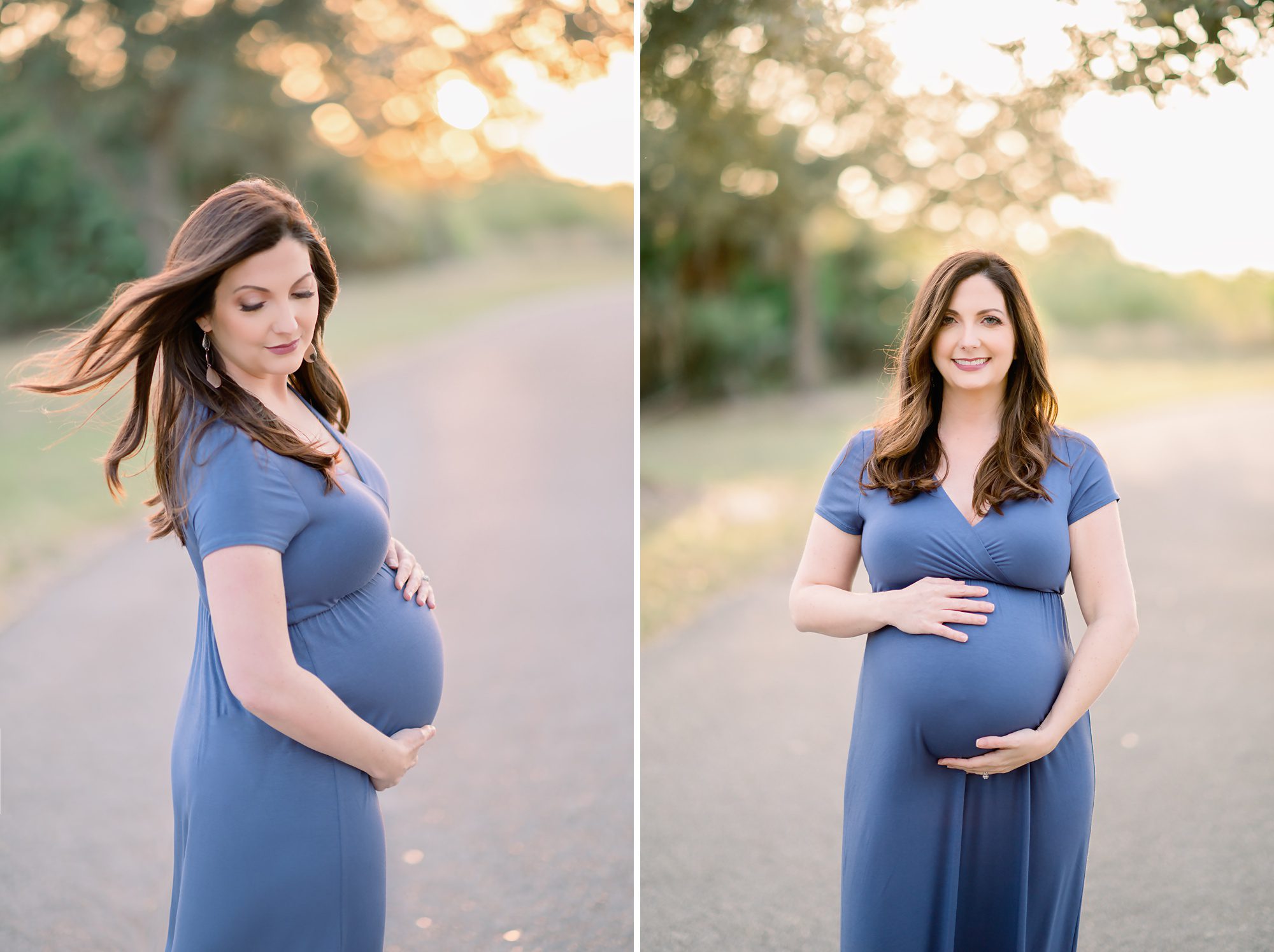 Family of 4 getting maternity portraits on a sunny tree lined pathway.