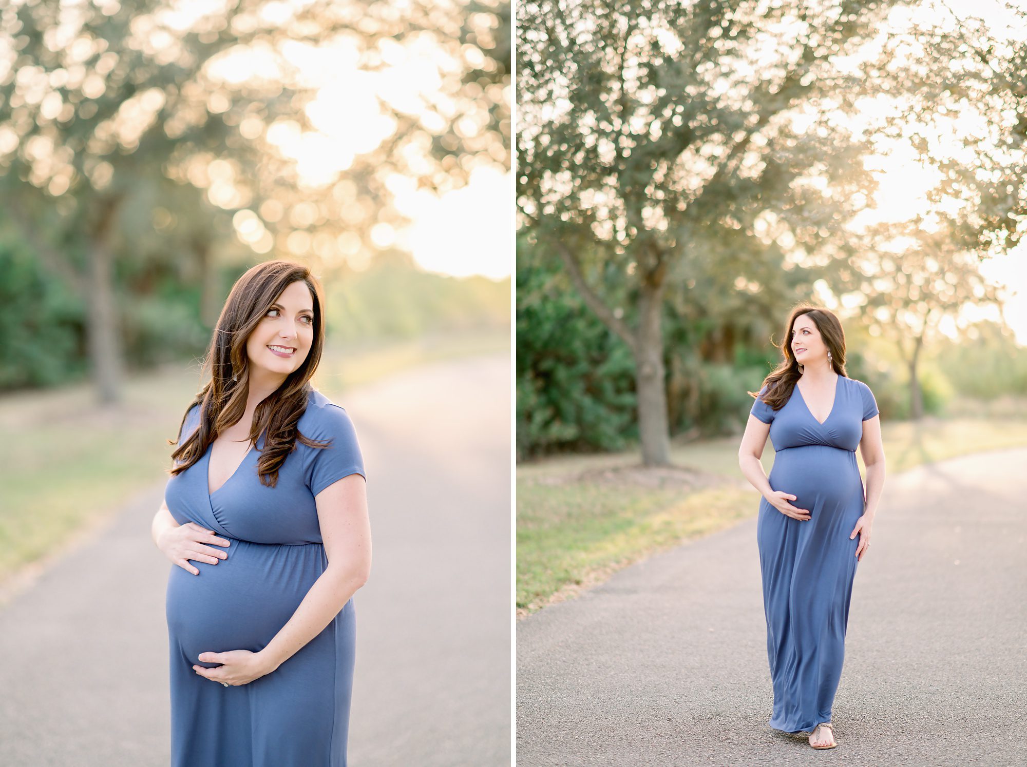 Family of 4 getting maternity portraits on a sunny tree lined pathway.
