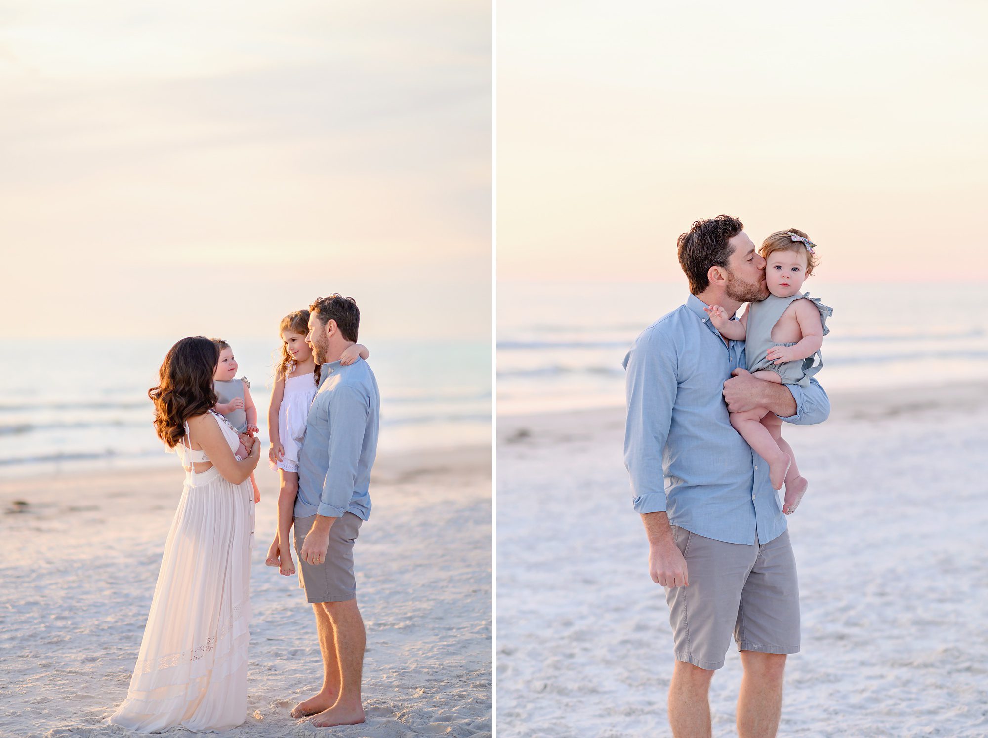 Family of four gets beach maternity portraits at sunset to celebrate their 3rd child on the way. 