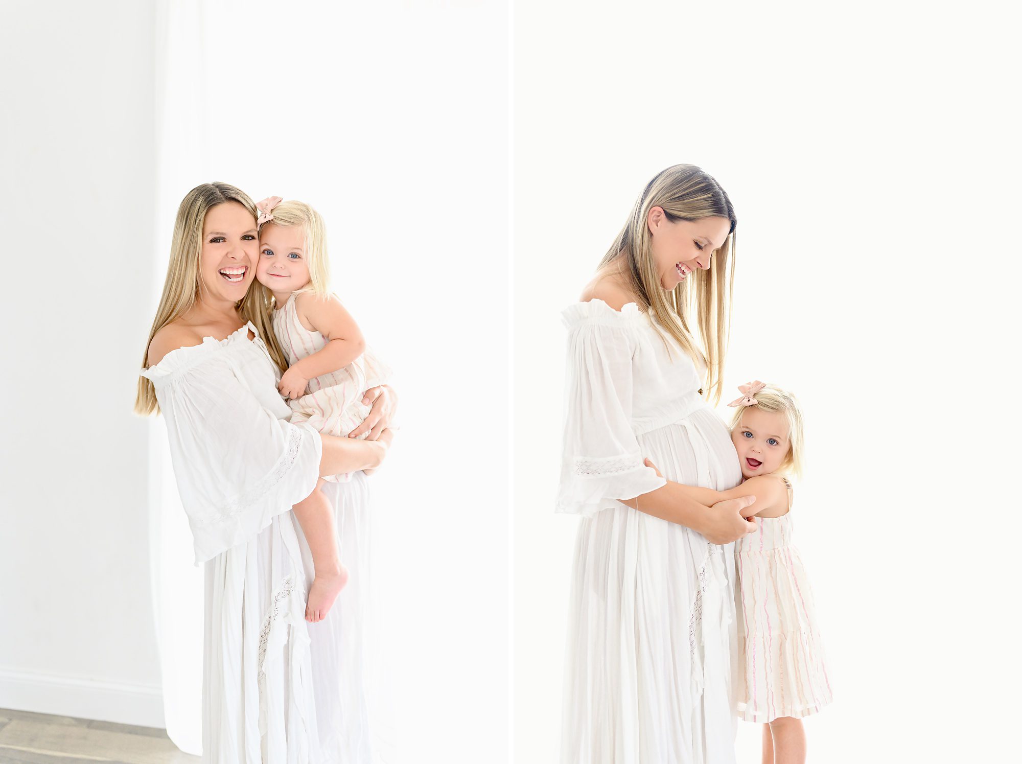 A young mom and her beautiful blond toddler do mommy and me maternity portraits in a bright white studio.