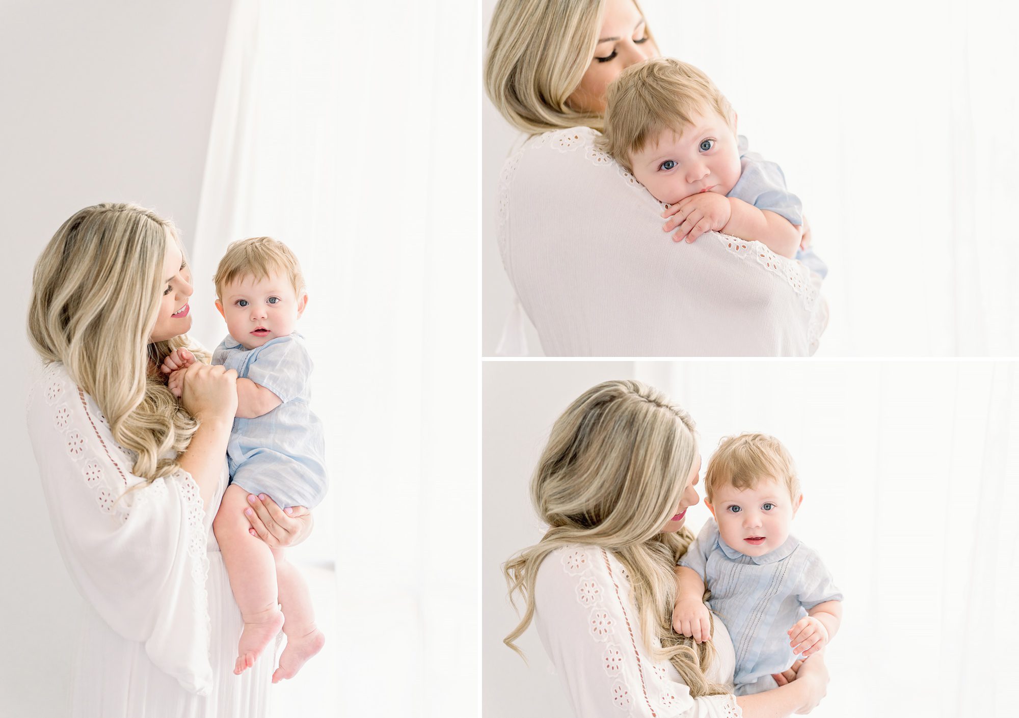 A beautiful mother and baby boy take 6 month portraits together in a bright white studio.