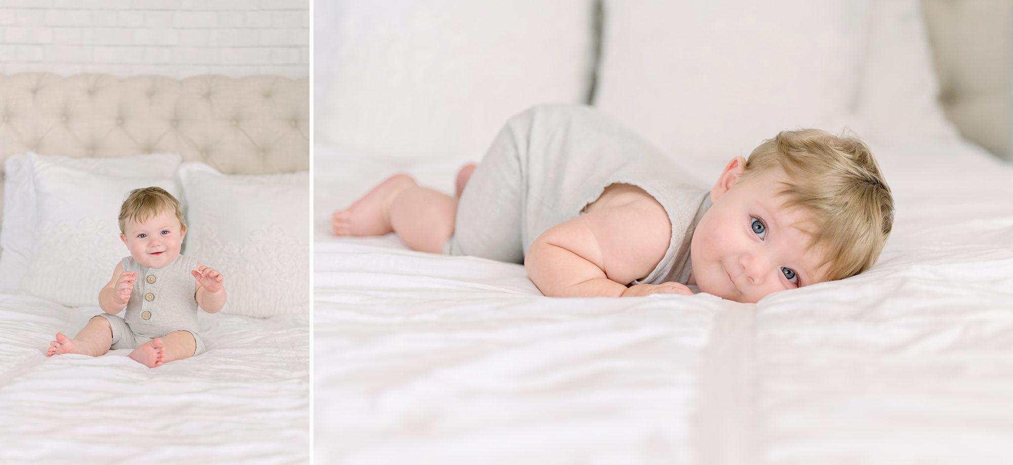 A beautiful mother and baby boy take 6 month portraits together in a bright white studio.