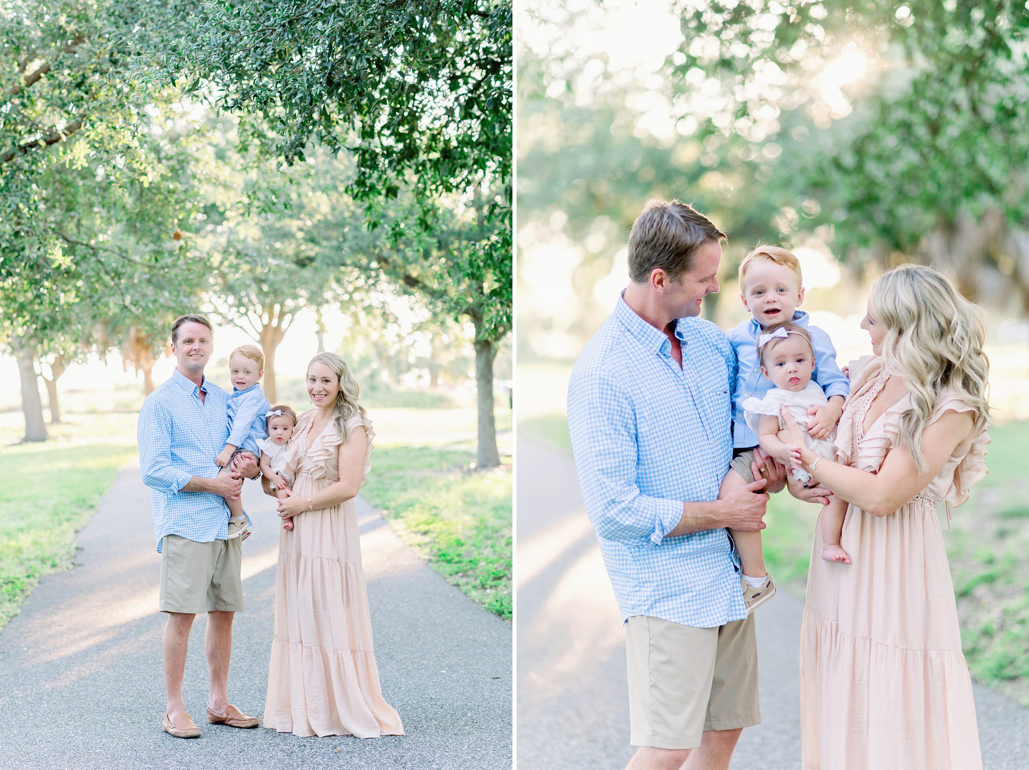 Adorable family of 4 gets portraits done at sunset in a park with pretty trees. 