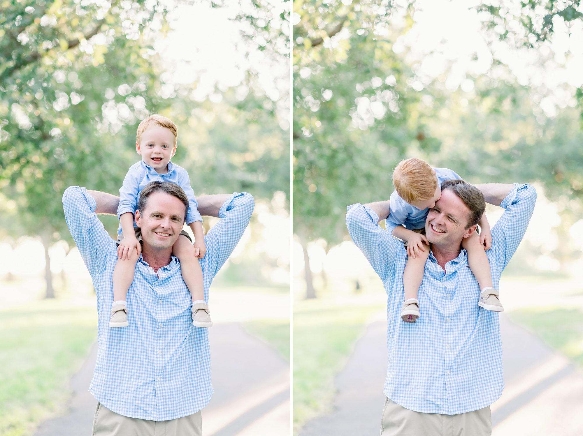 Adorable family of 4 gets portraits done at sunset in a park with pretty trees. 