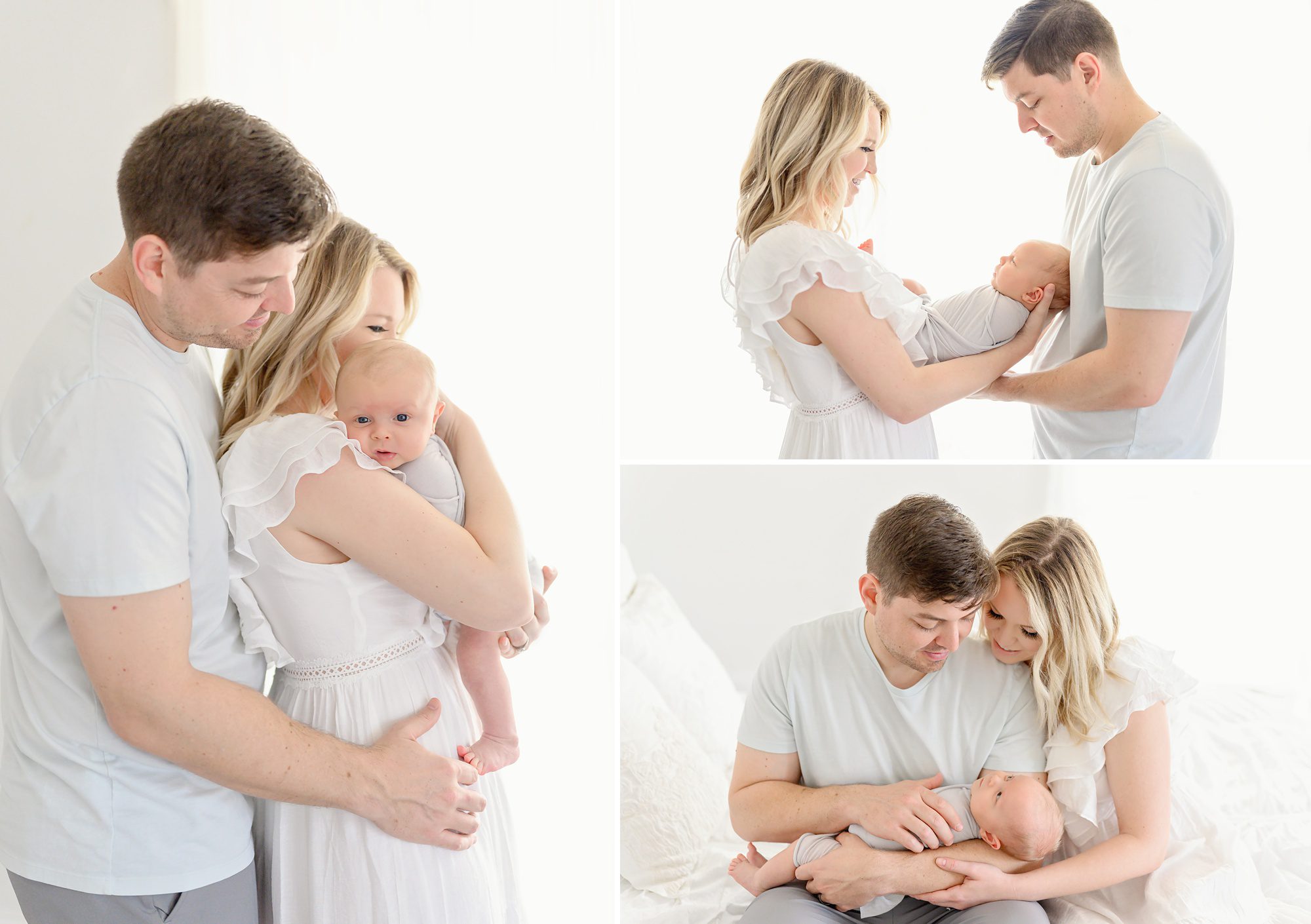 A family of 3 gets timeless newborn photos done with their new son in a studio in Denver, Colorado. 
