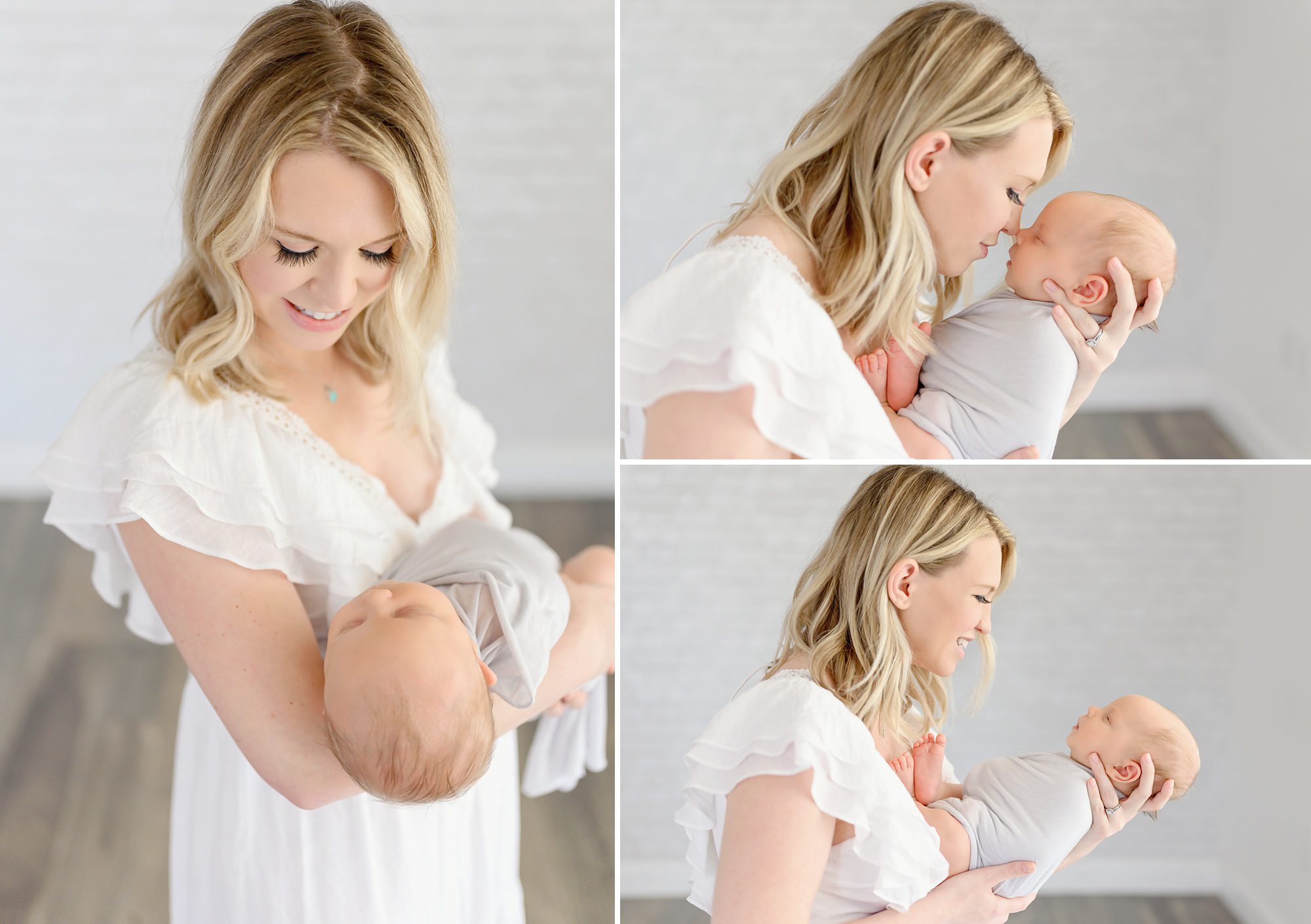 A family of 3 gets timeless newborn photos done with their new son in a studio in Denver, Colorado. 