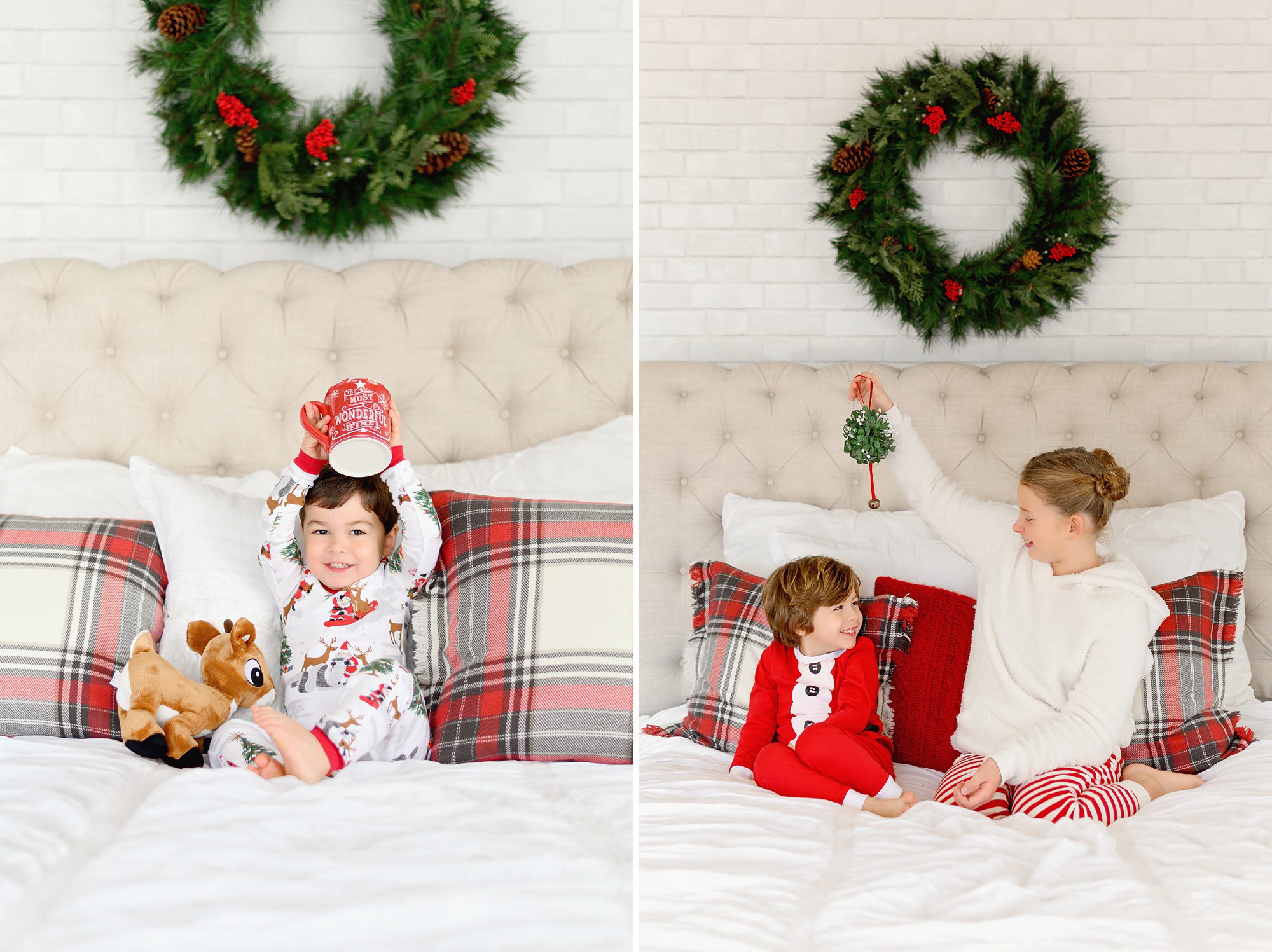 Children get Christmas themed pajama photos done on a bed in a white studio in Denver, Colorado. 