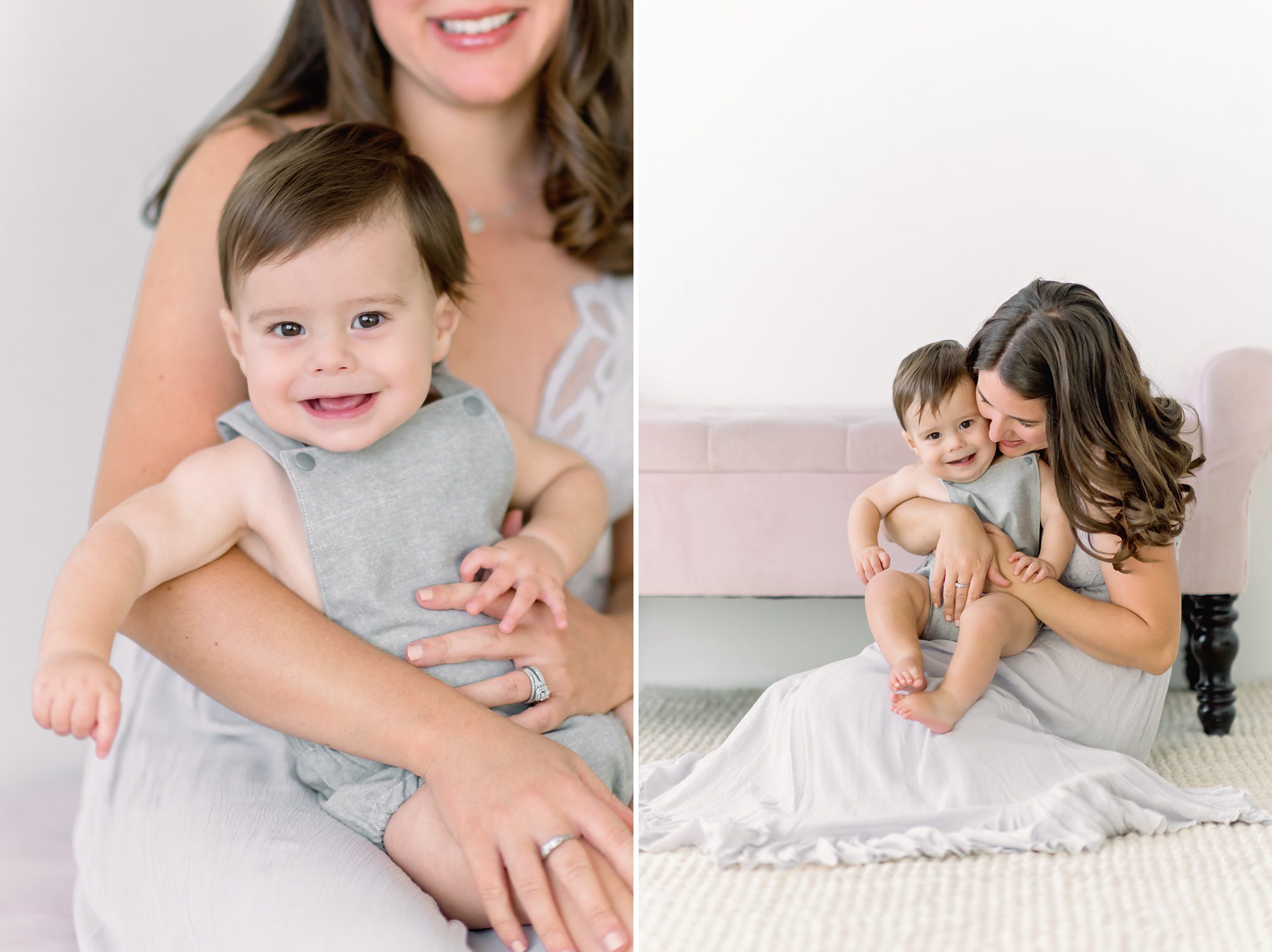 A beautiful young brunette mom gets timeless portraits done in a white studio with her 10 month old son.