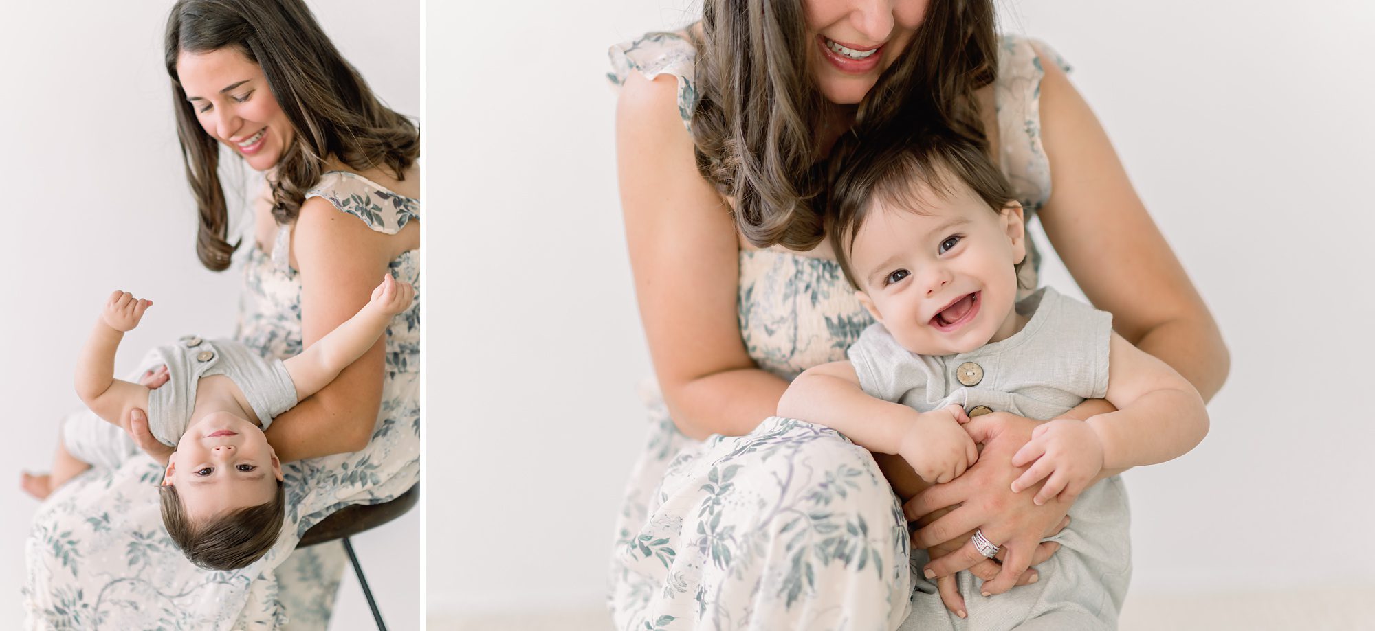A beautiful young brunette mom gets timeless portraits done in a white studio with her 10 month old son.