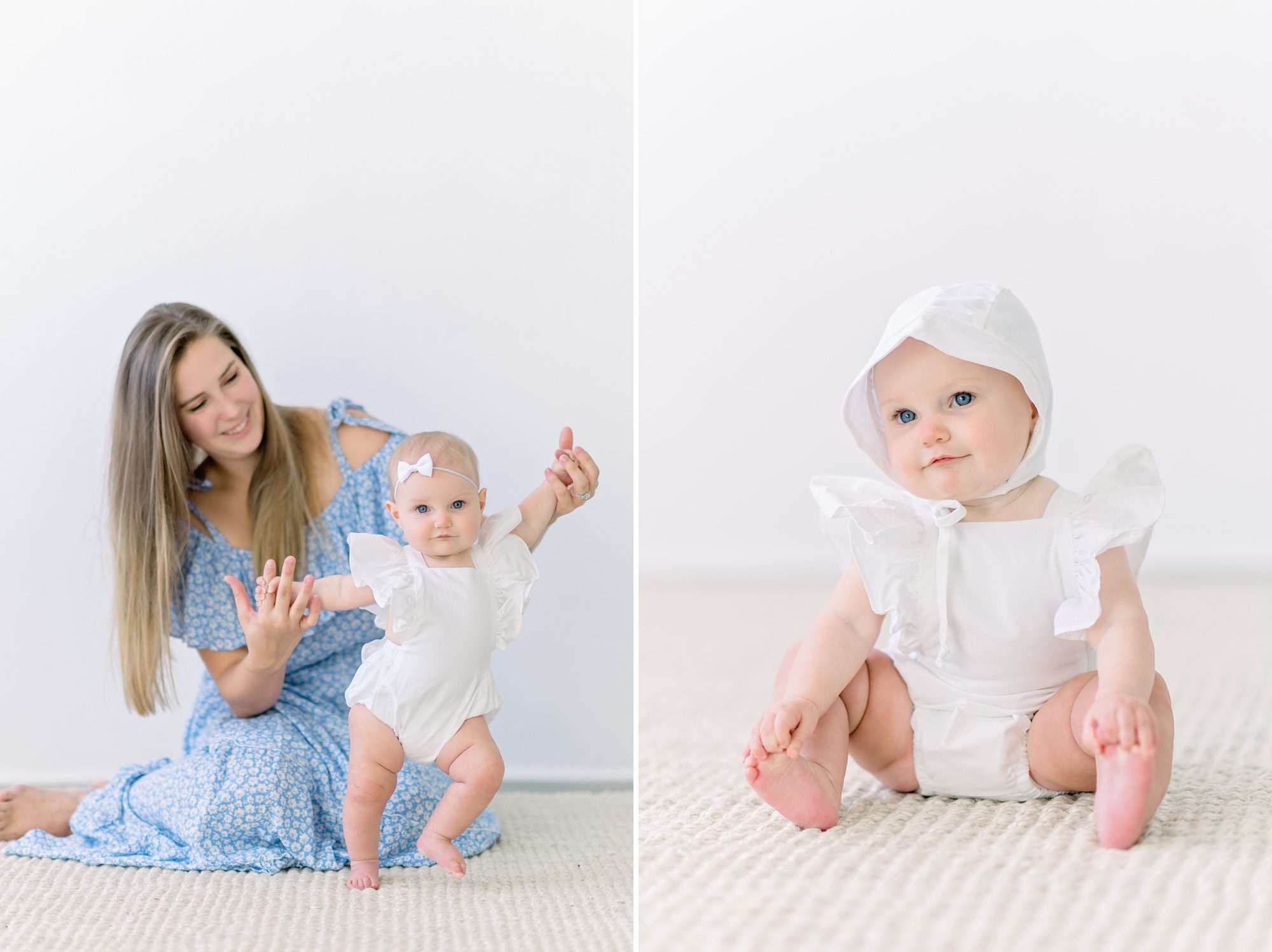 A stunning young mom gets portraits done in a photography studio in Denver with her adorable 7 month old daughter.