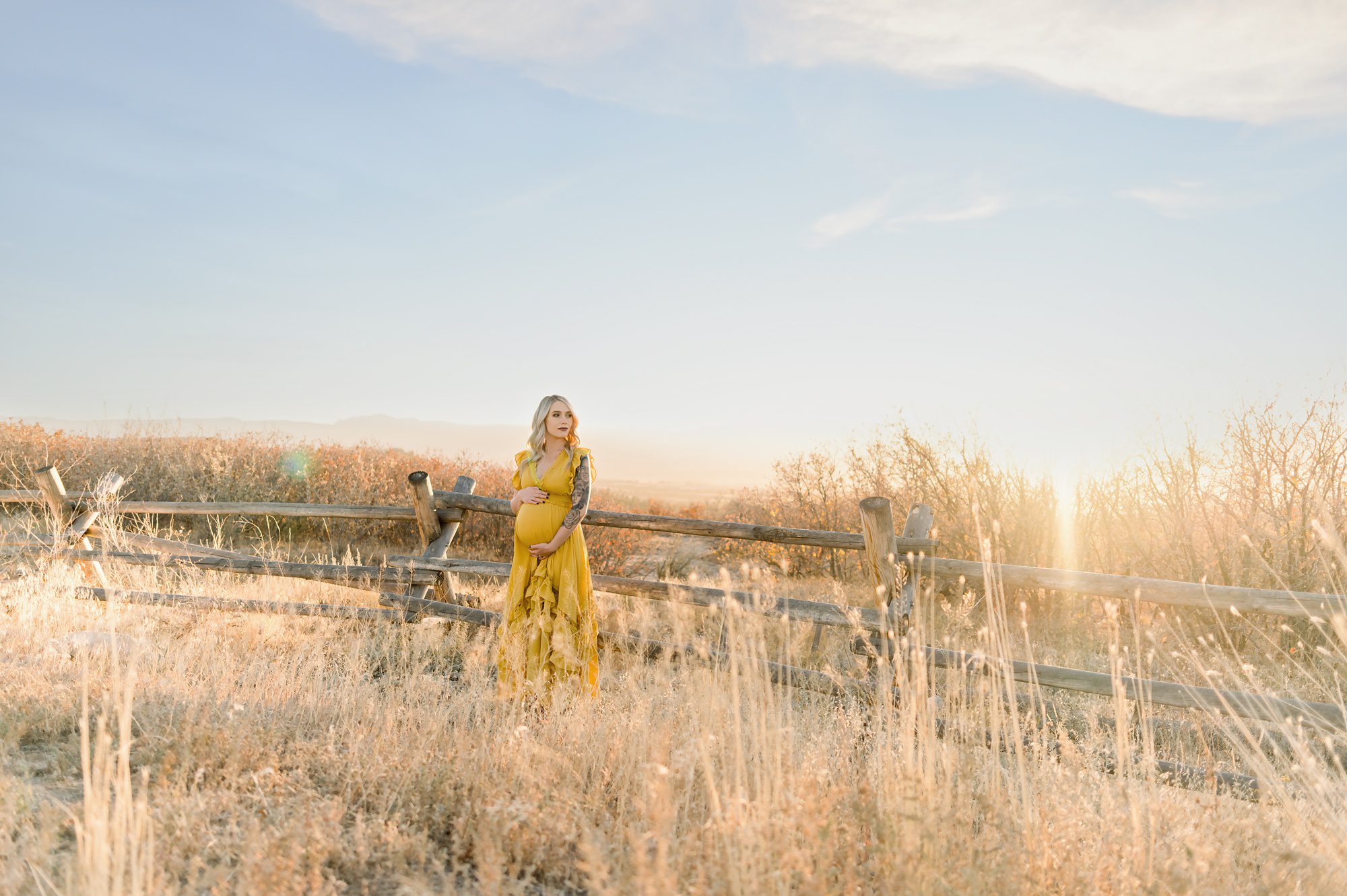 A young mom and her 1 year old son get maternity photos in a picturesque field location in the suburbs of Denver Colorado. 