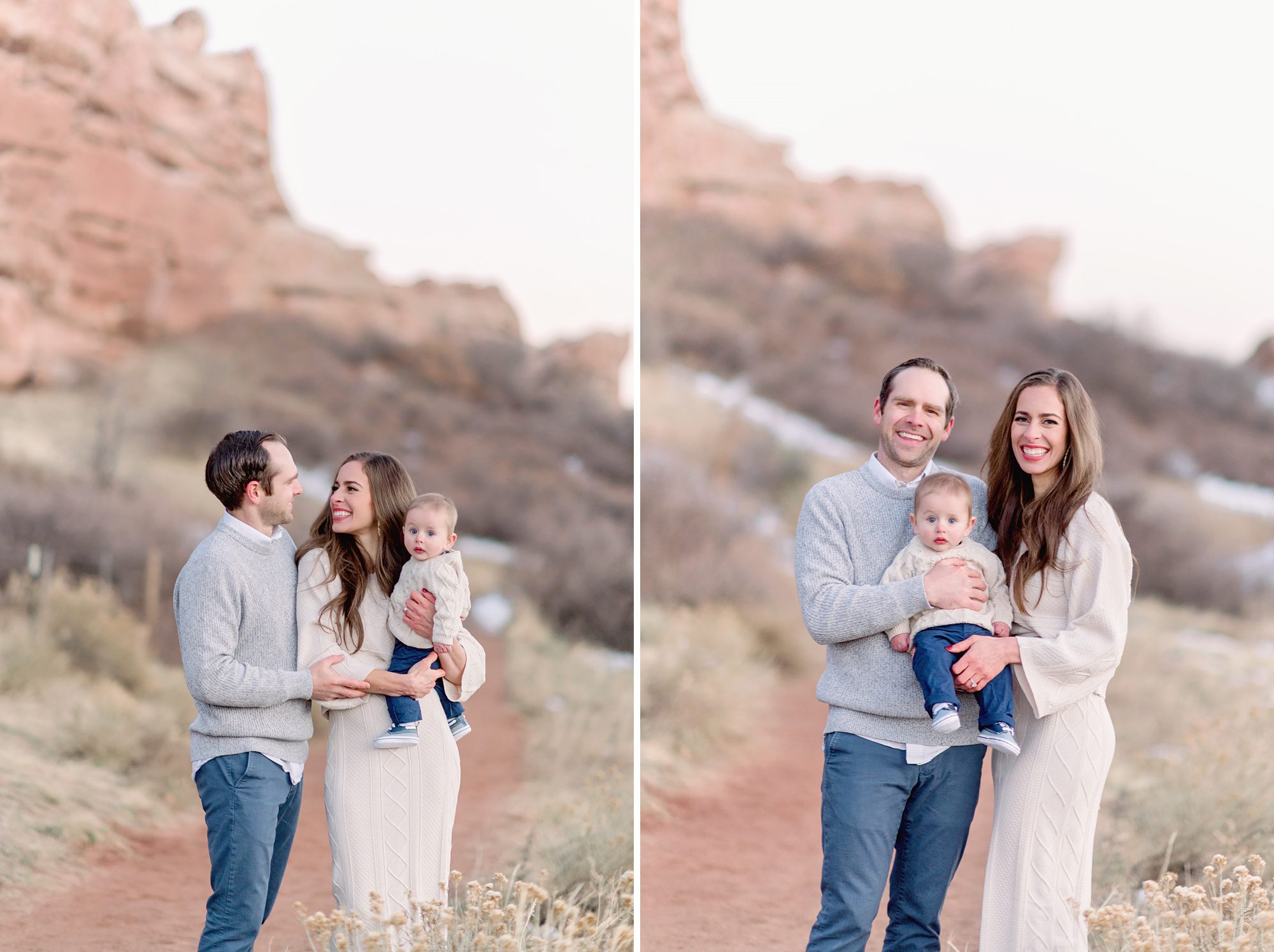 A young beautiful family of 3 get family portraits taken with a beautiful mountain backdrop at South Valley Park in Littleton Colorado.