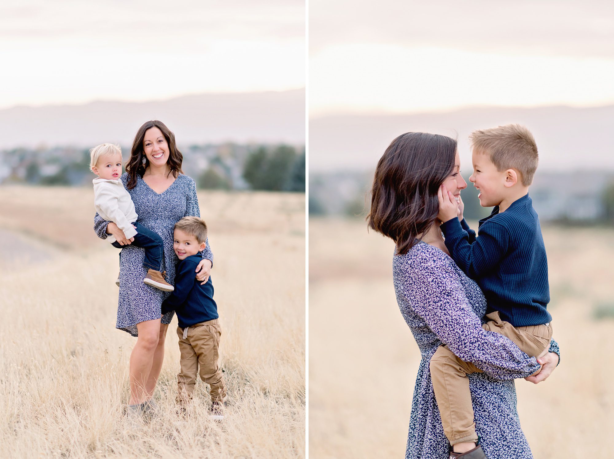 A family of 4 with 2 young boys get family photos taken in a field in Highlands Ranch, CO with a beautiful sunset and mountain backdrop.