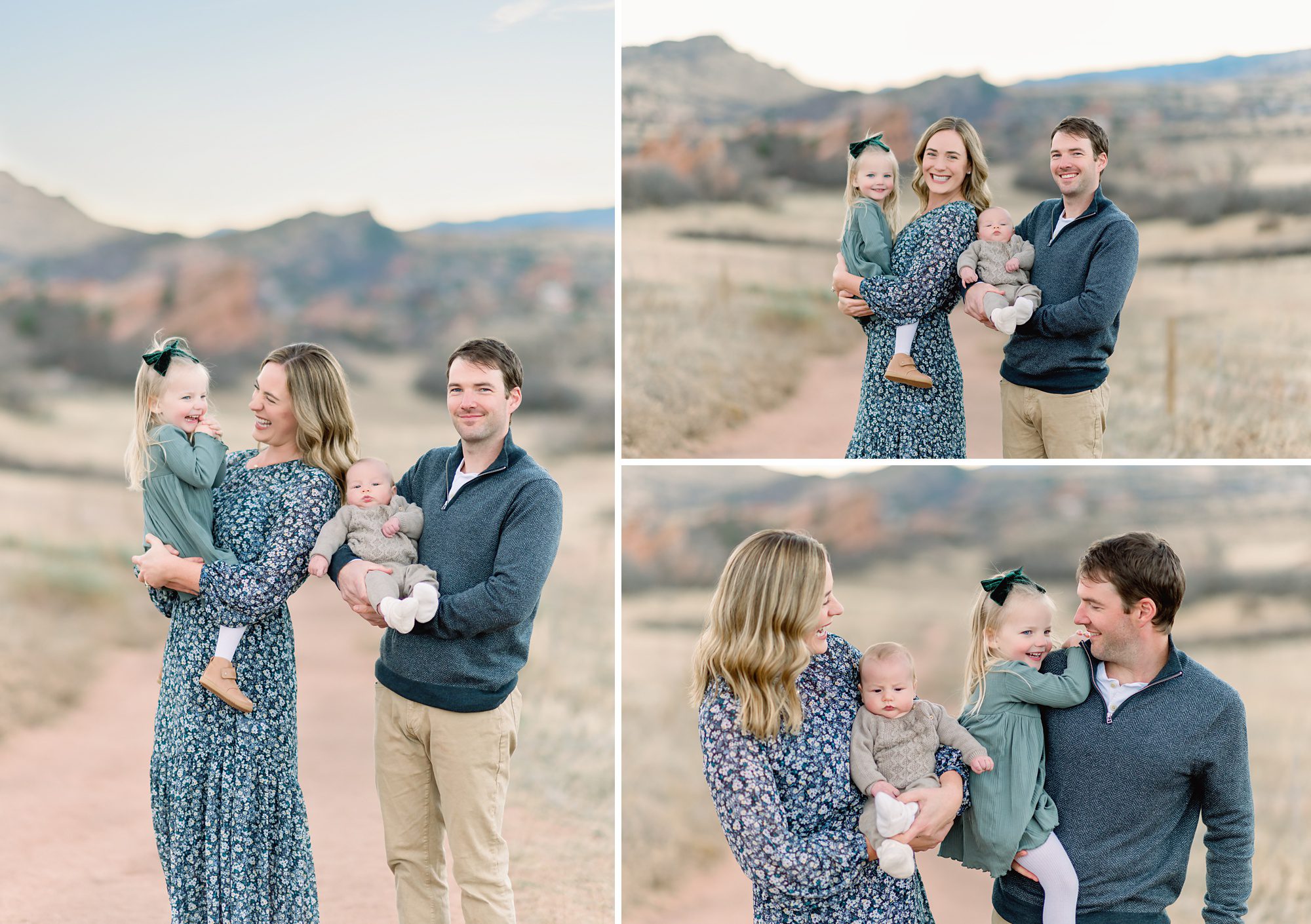 A sweet family of 4 with small children get family photos taken in Ken Caryl, CO with a beautiful mountain backdrop.