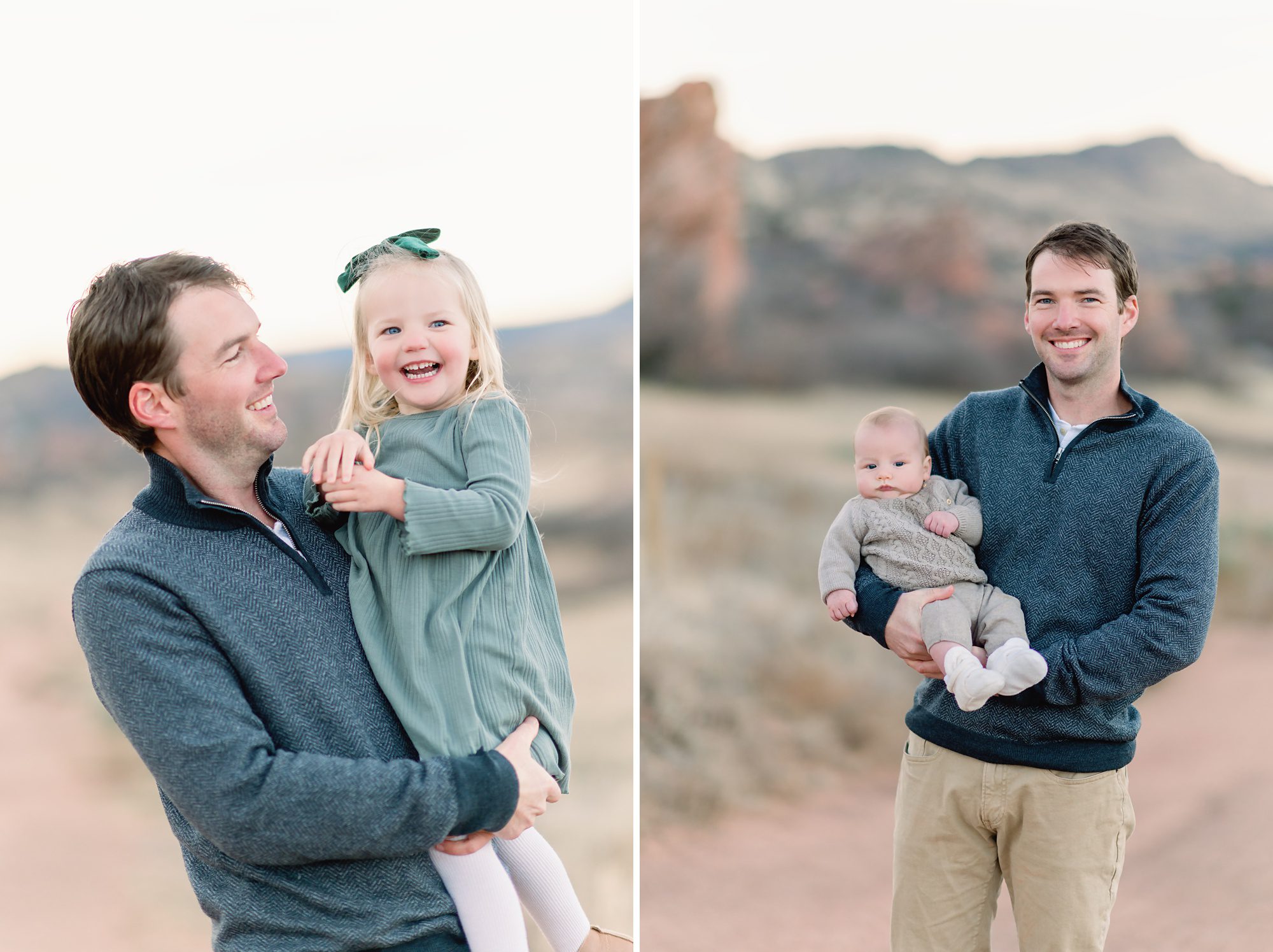 A sweet family of 4 with small children get family photos taken in Ken Caryl, CO with a beautiful mountain backdrop.