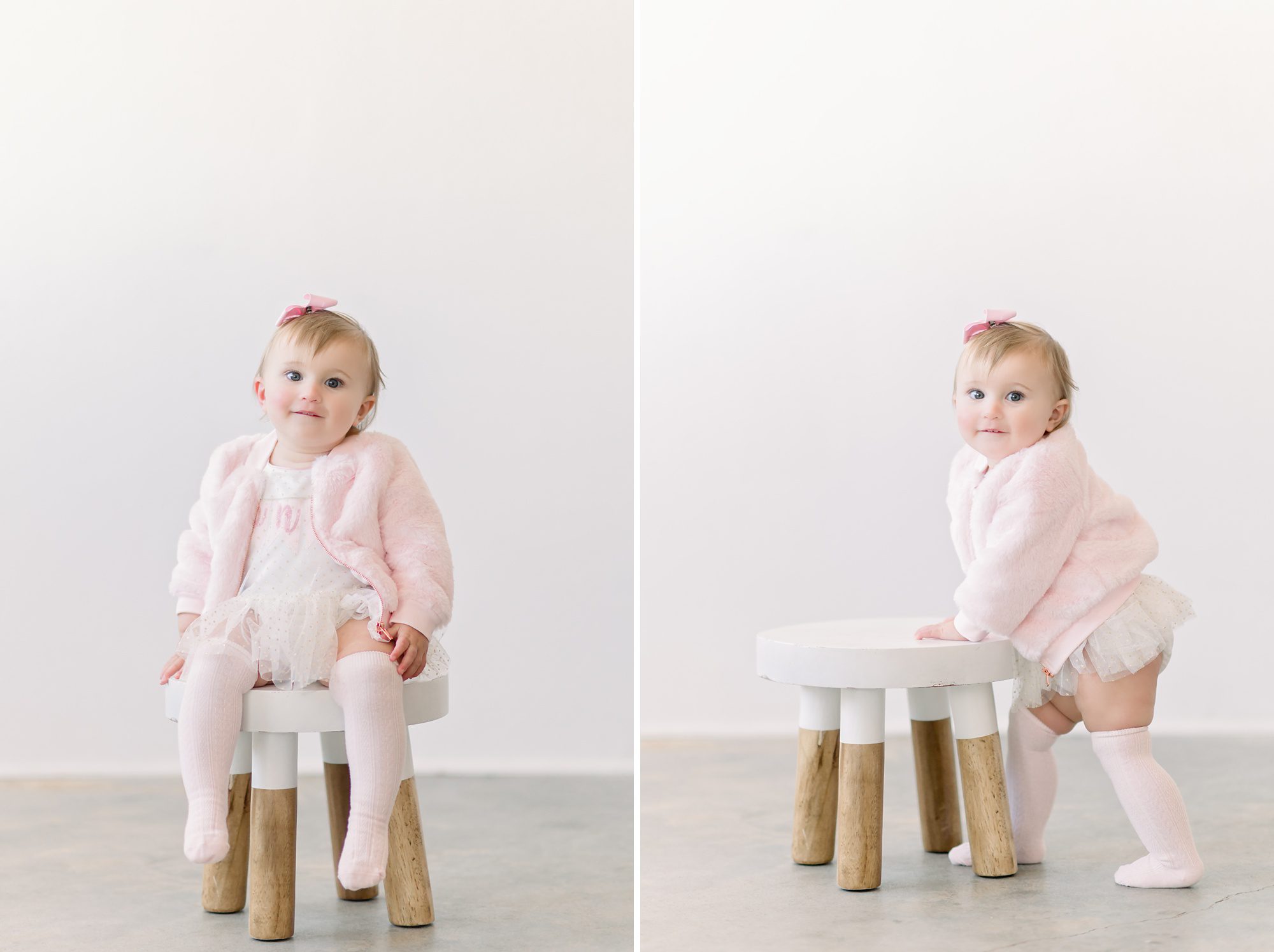 A sweet blonde baby girl gets 1st birthday photos done in a bright white studio, including portraits and a cake smash.