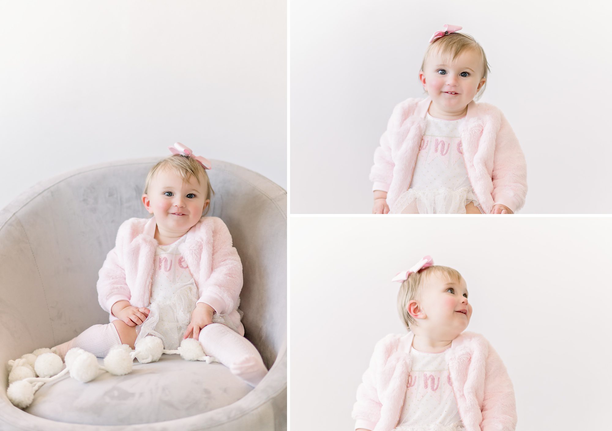 A sweet blonde baby girl gets 1st birthday photos done in a bright white studio, including portraits and a cake smash.