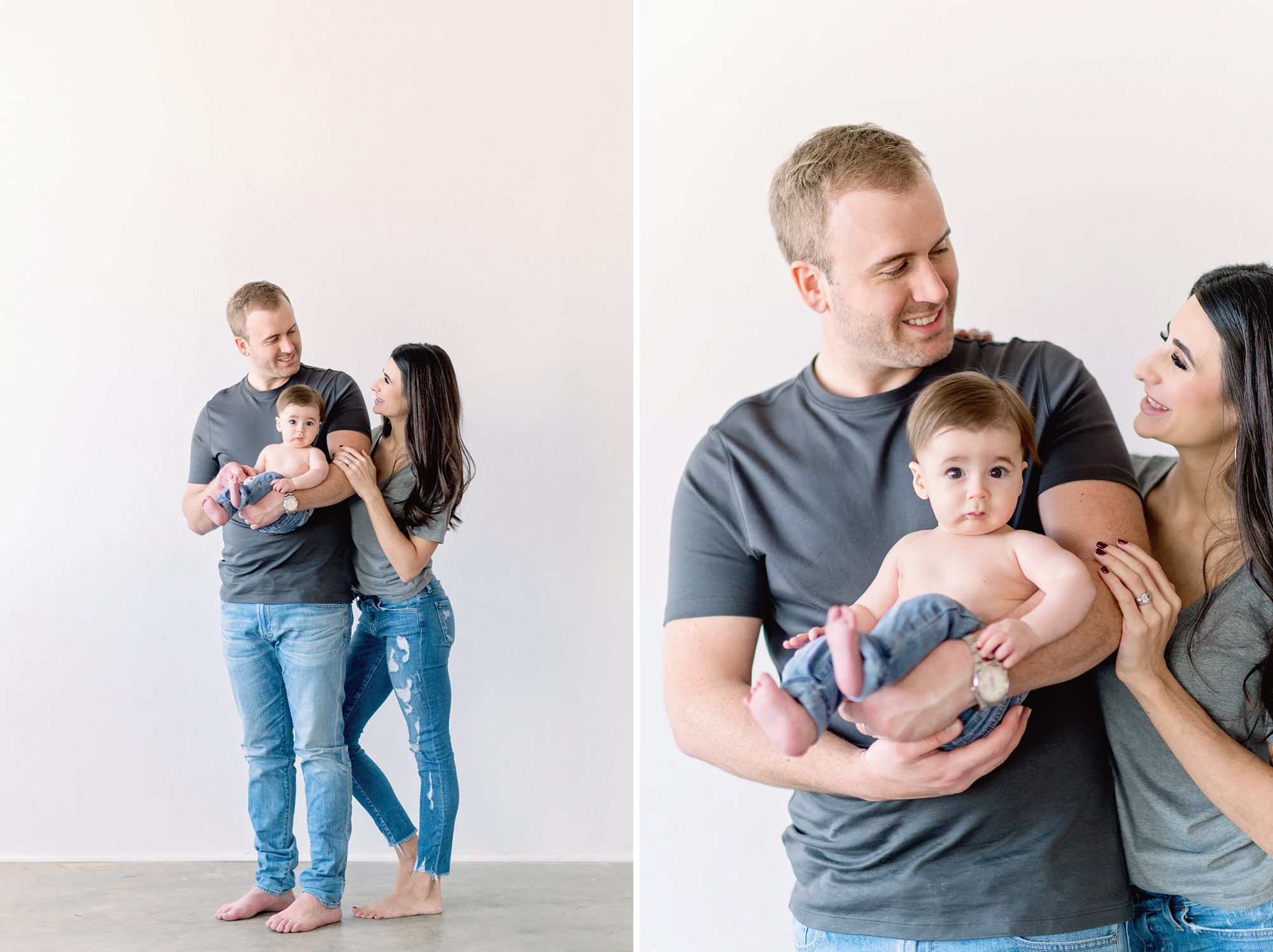 A young family of 3 get family photos taken in a bright white studio in Denver CO for their son who is 3 mos old. 