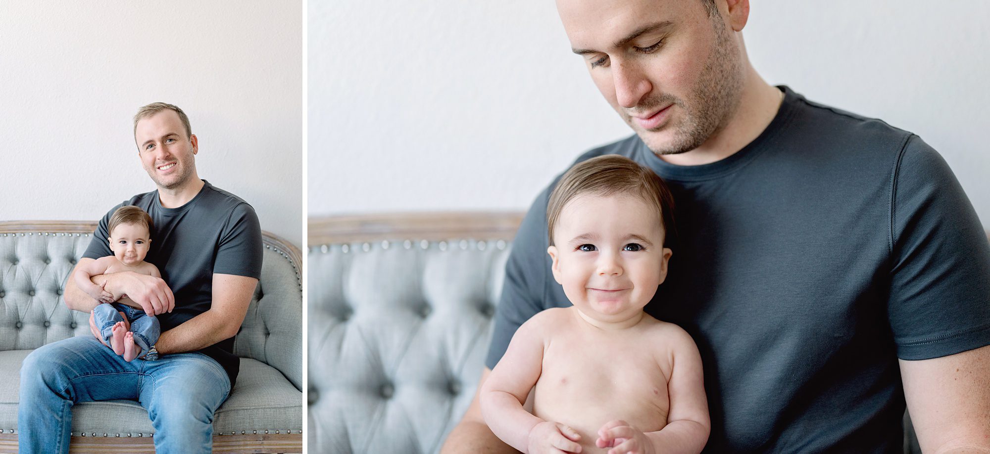 A young family of 3 get family photos taken in a bright white studio in Denver CO for their son who is 3 mos old. 