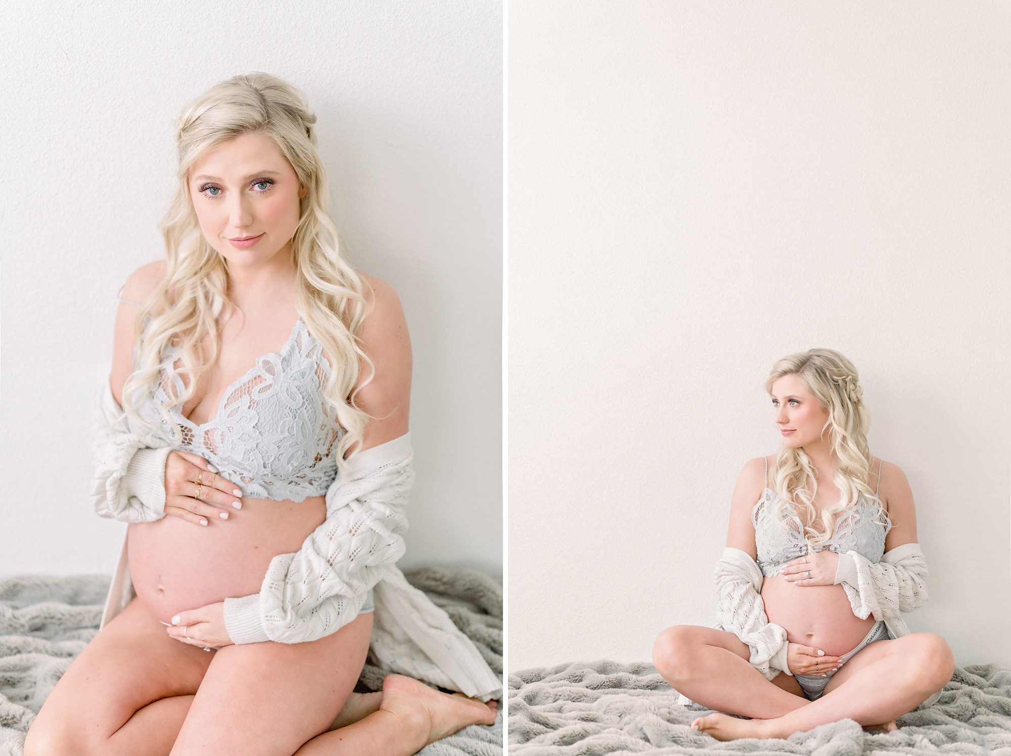 A stunning mom with long blonde hair gets intimate maternity photos done in a bright white studio in Denver. CO.