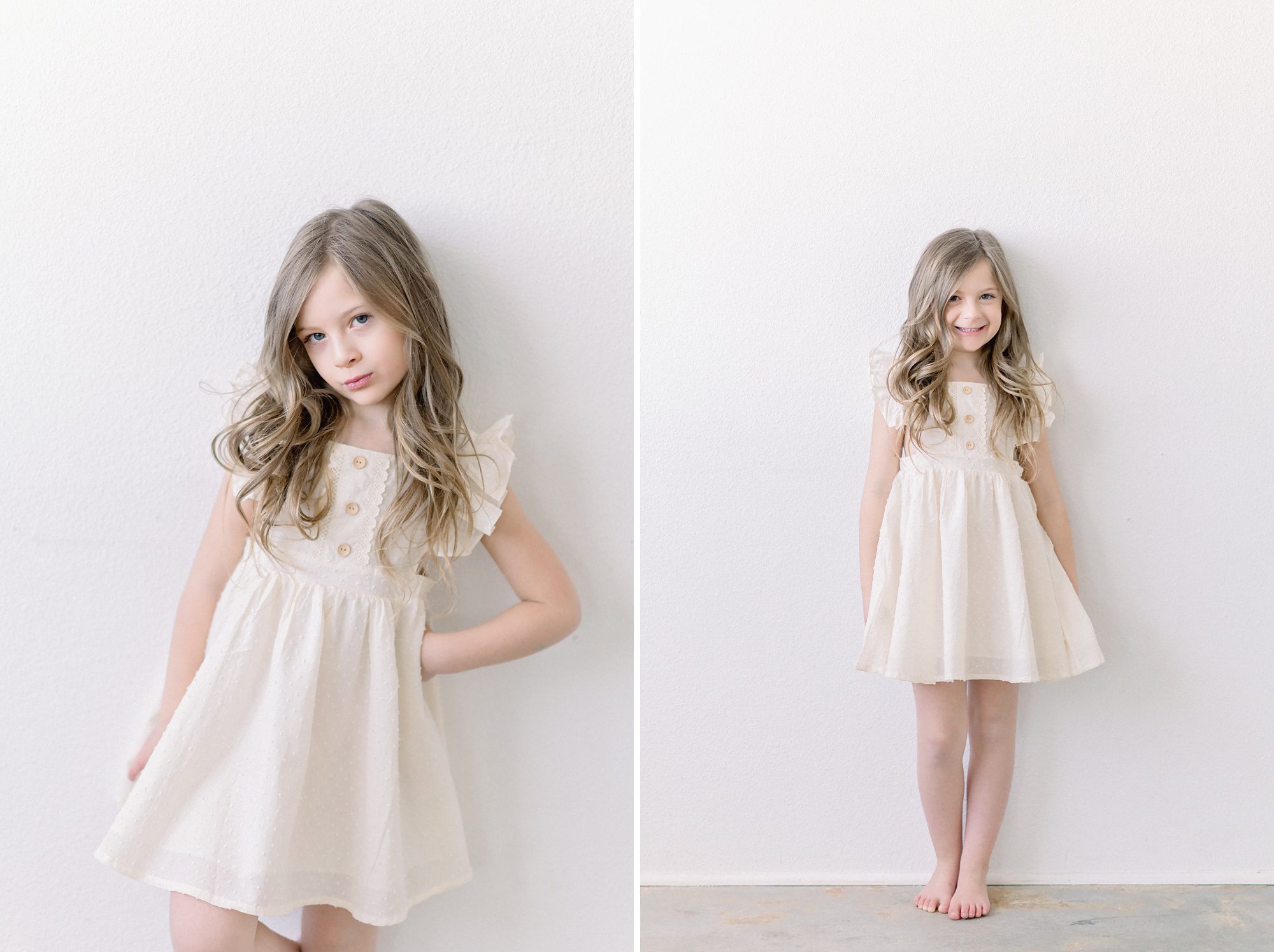 A 6 yr old girl and her mom get photos taken around Valentine's Day in a bright white studio in Denver, CO with a beautiful pink floral backdrop.