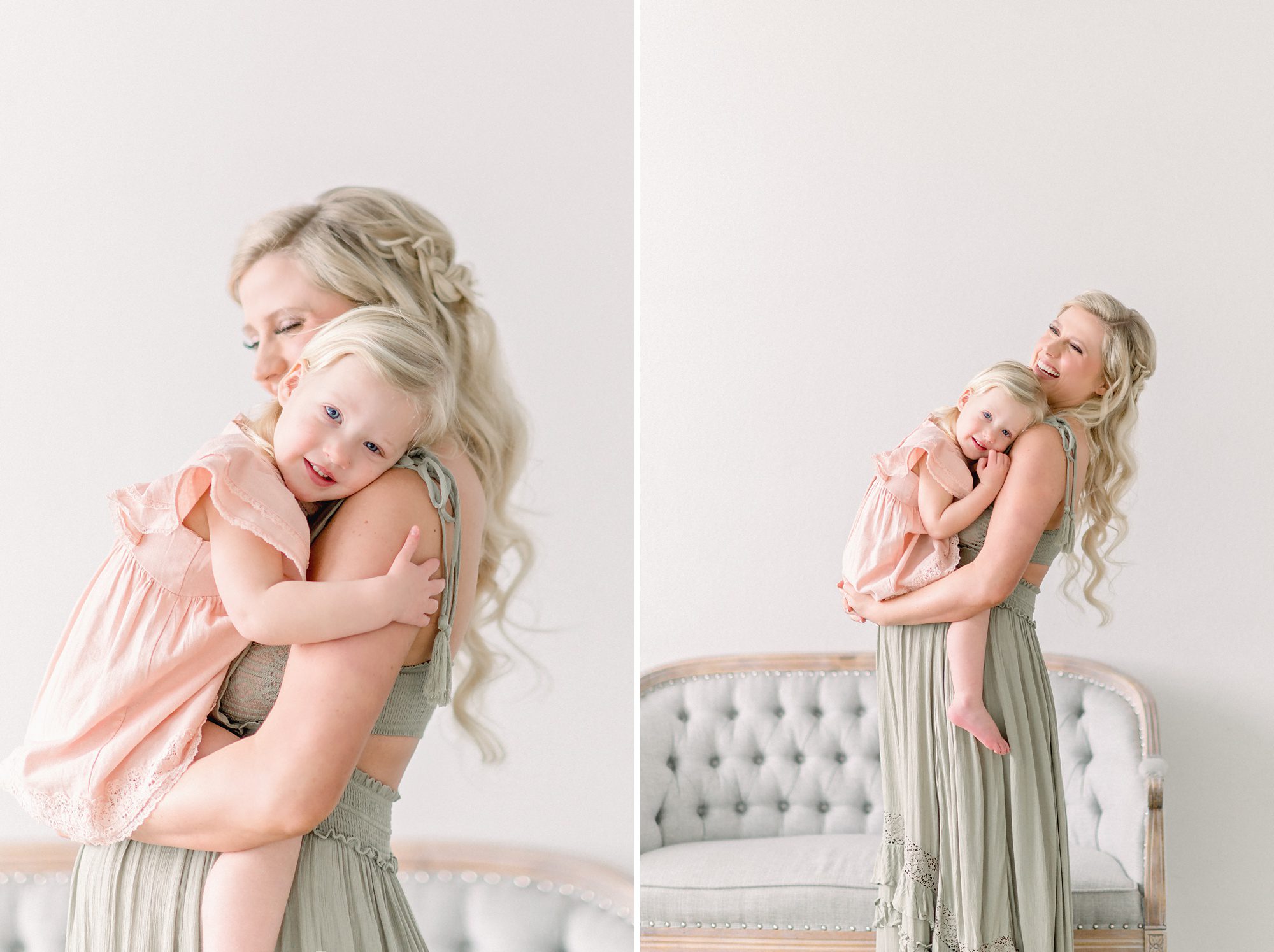 A stunning family of 3 gets maternity portraits done in a bright white studio in Denver Colorado.