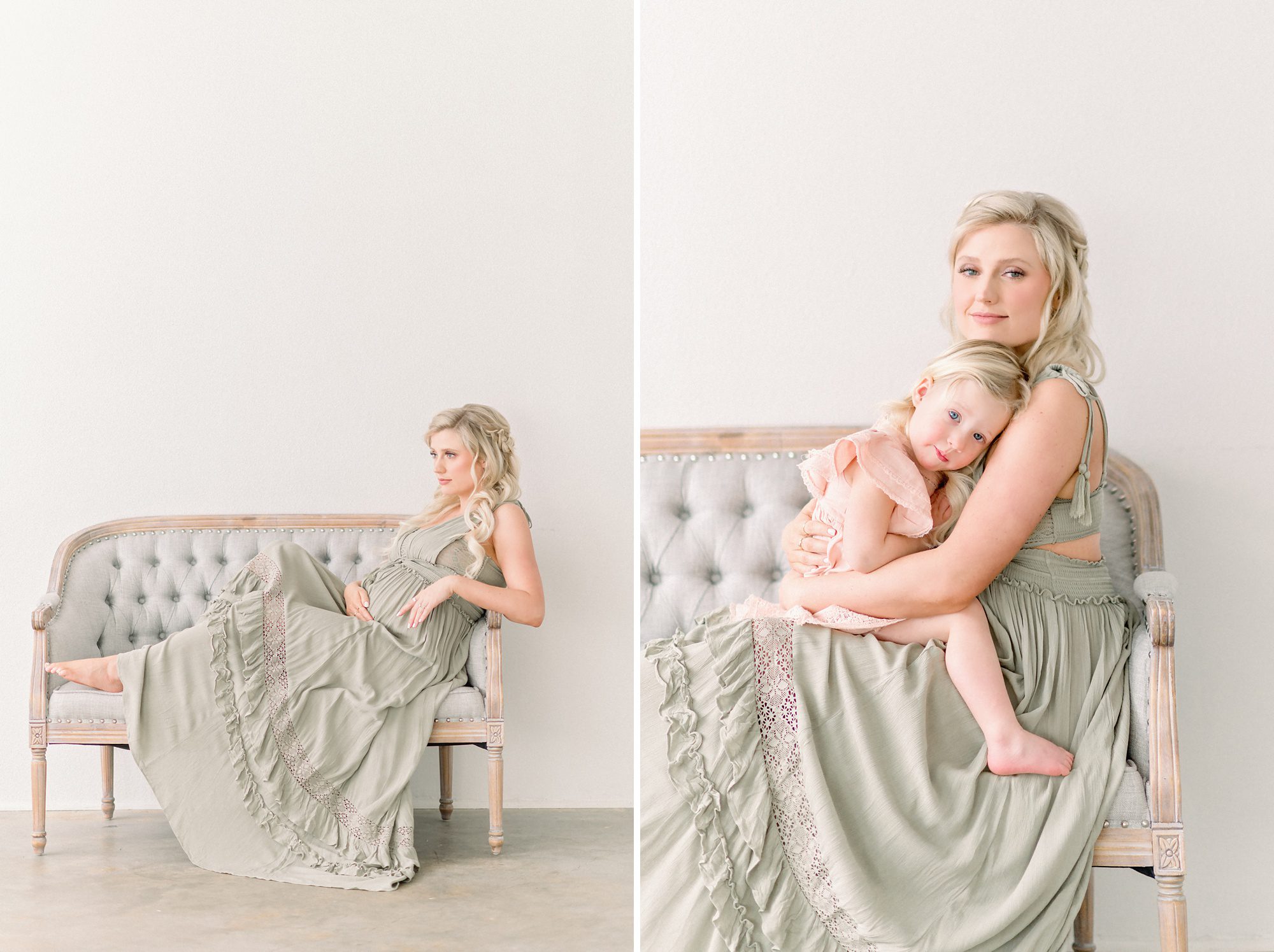 A stunning family of 3 gets maternity portraits done in a bright white studio in Denver Colorado.