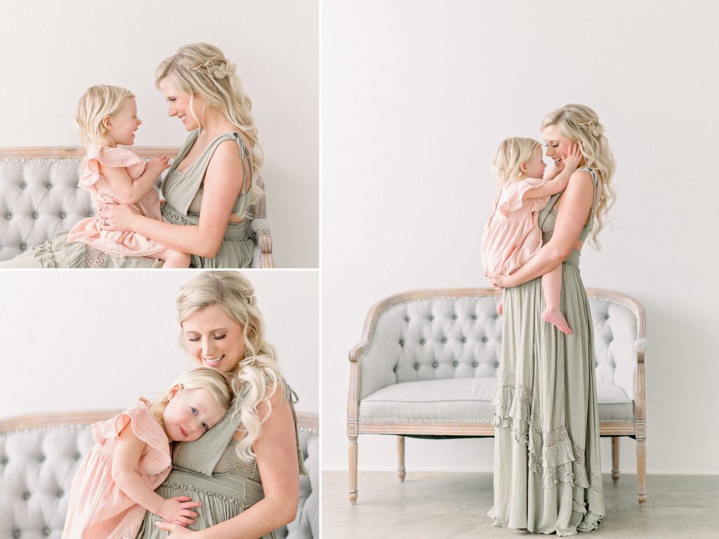 Mom & baby get natural, light & airy portraits done in bright white studio in Denver CO.